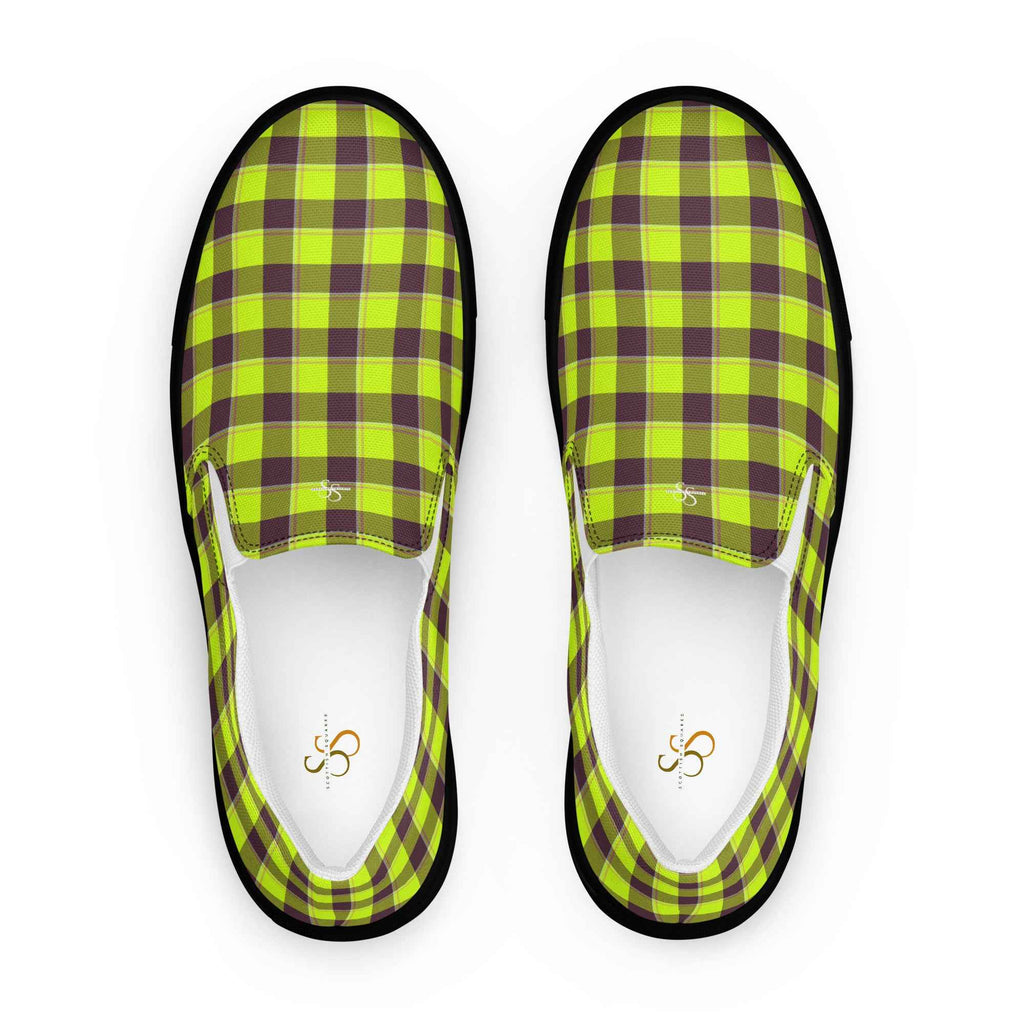 Men’s Slip-On Canvas Shoes Electric Lime and Livid Brown Plaid 13 - Scottish Squares
