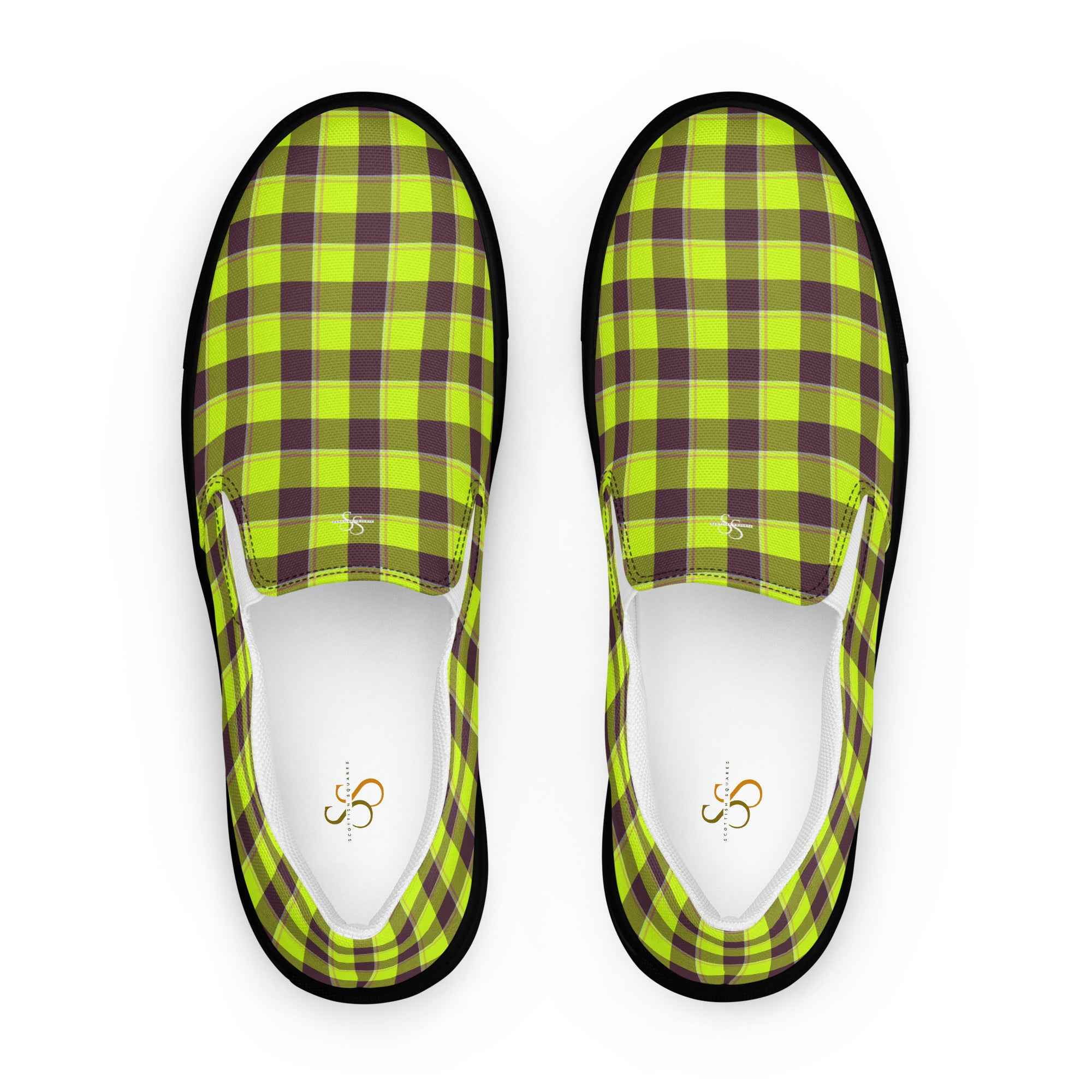Men’s Slip-On Canvas Shoes Electric Lime and Livid Brown Plaid 13 - Scottish Squares
