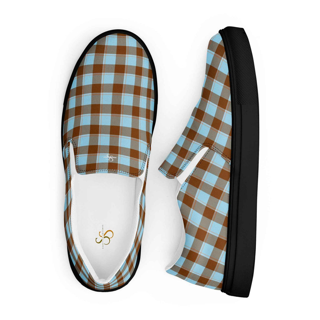 Men’s Slip-On Canvas Shoes Blizzard Blue and Livid Brown Plaid - Scottish Squares