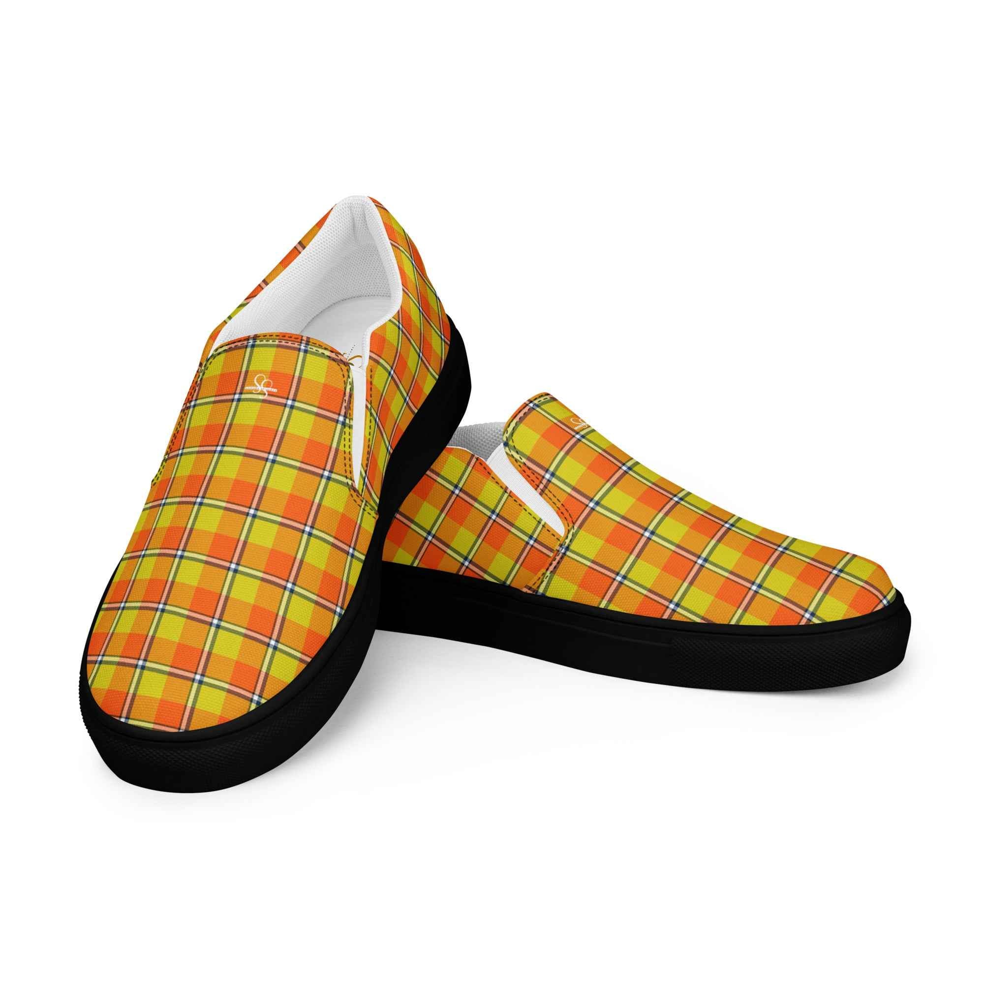 Men’s Slip-On Canvas Shoes Blaze Orange and Bird Flower Plaid - Scottish Squares