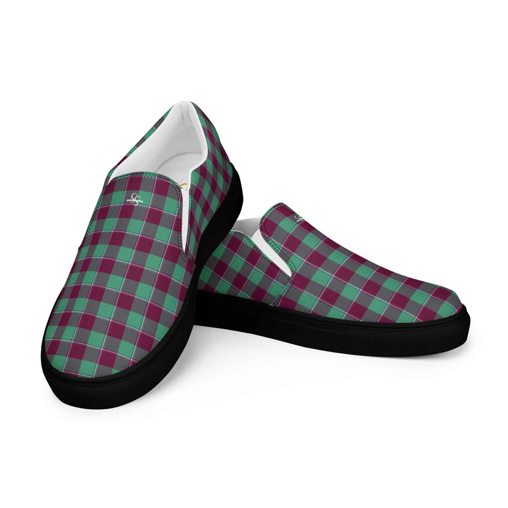 Men’s Slip-On Canvas Shoes Ocean Green and Mulberry Wood Plaid - Scottish Squares