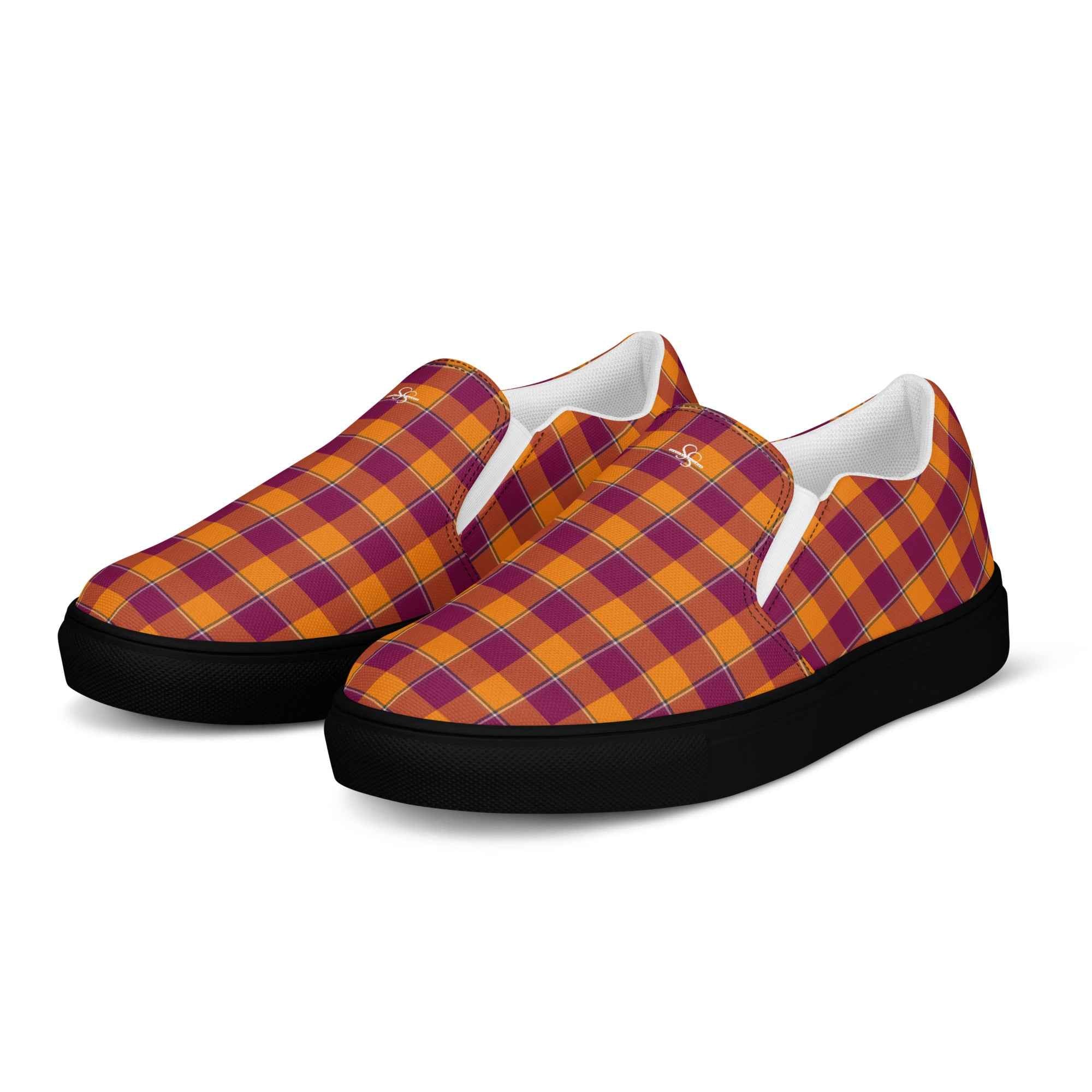 Men’s Slip-On Canvas Shoes Tahiti Gold and Rose Bud Cherry Plaid - Scottish Squares