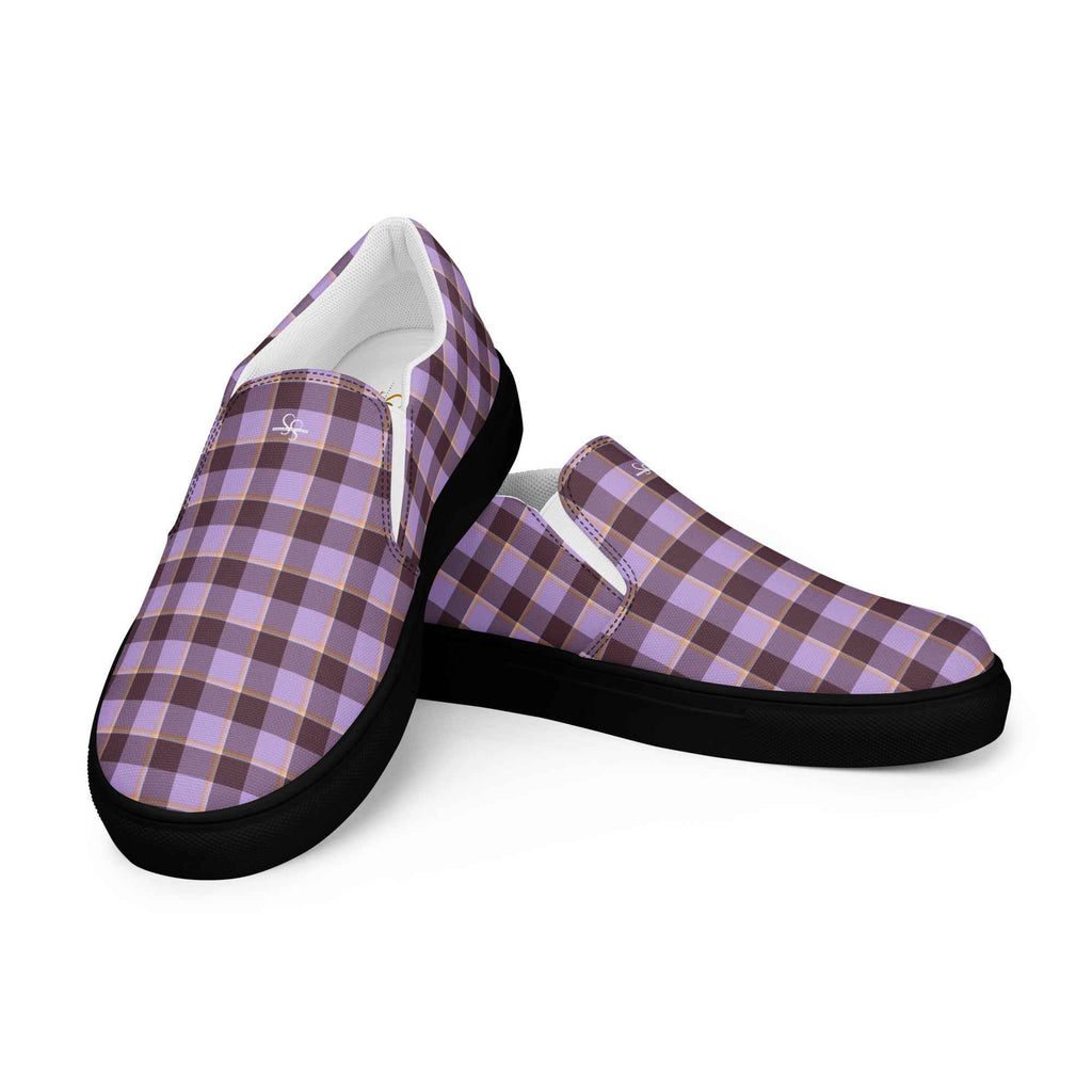 Men’s Slip-On Canvas Shoes Light Wisteria and Livid Brown Plaid - Scottish Squares