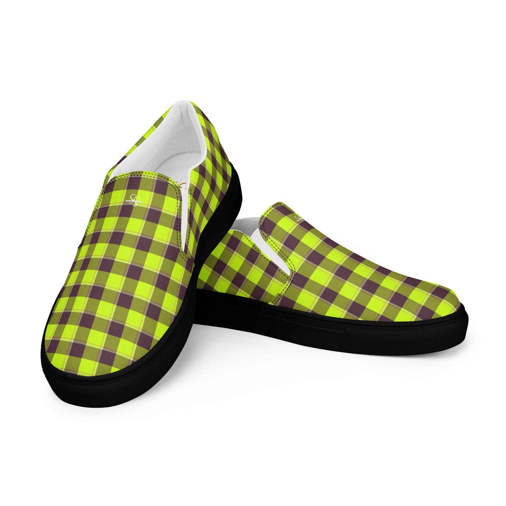 Men’s Slip-On Canvas Shoes Electric Lime and Livid Brown Plaid - Scottish Squares