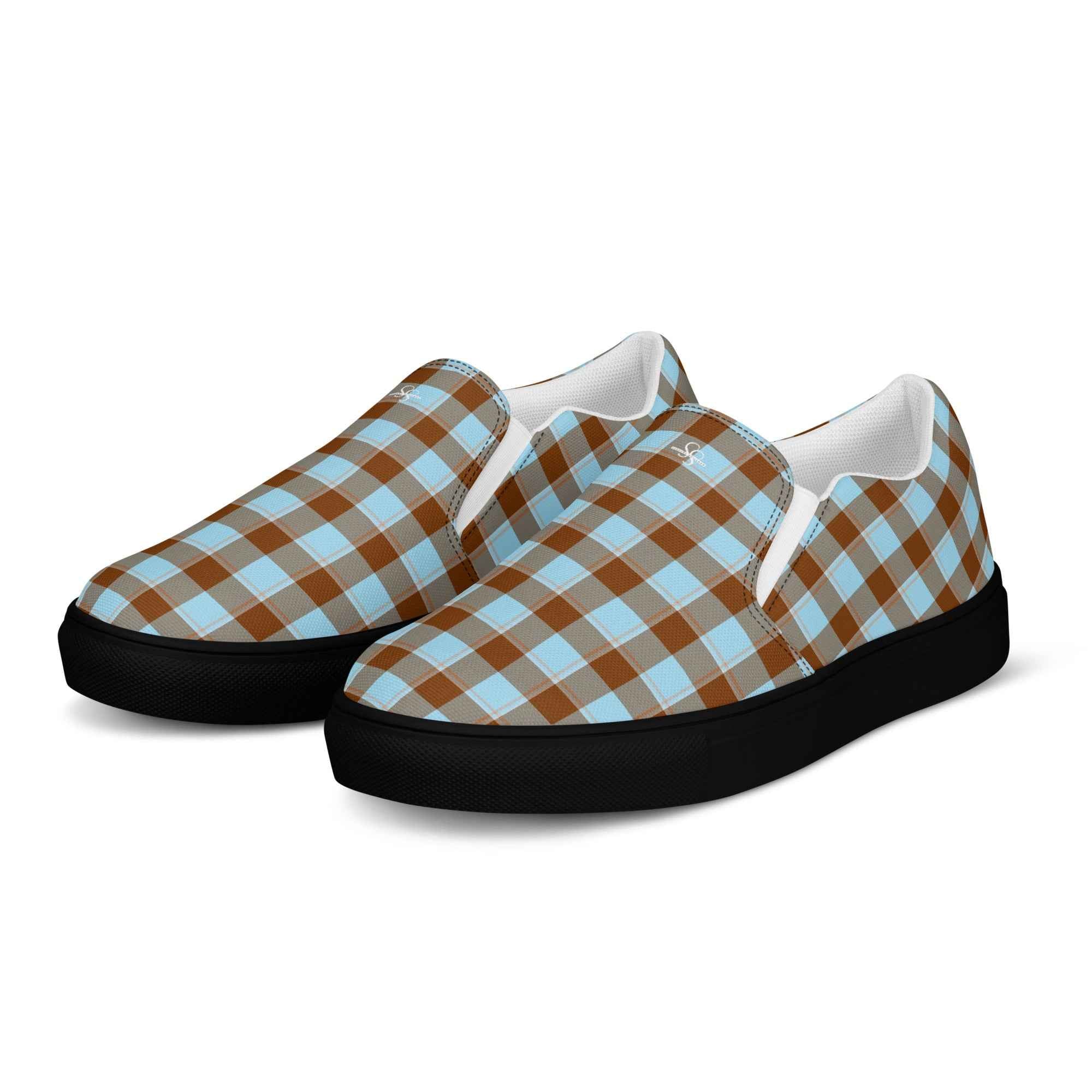 Men’s Slip-On Canvas Shoes Blizzard Blue and Livid Brown Plaid - Scottish Squares