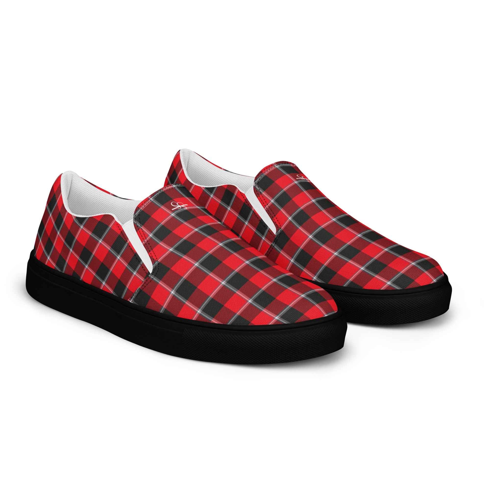 Men’s Slip-On Canvas Shoes Red Ribbon and Heavy Metal Plaid - Scottish Squares