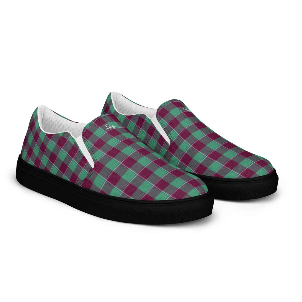 Men’s Slip-On Canvas Shoes Ocean Green and Mulberry Wood Plaid - Scottish Squares