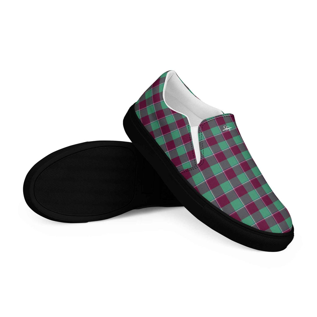 Men’s Slip-On Canvas Shoes Ocean Green and Mulberry Wood Plaid - Scottish Squares