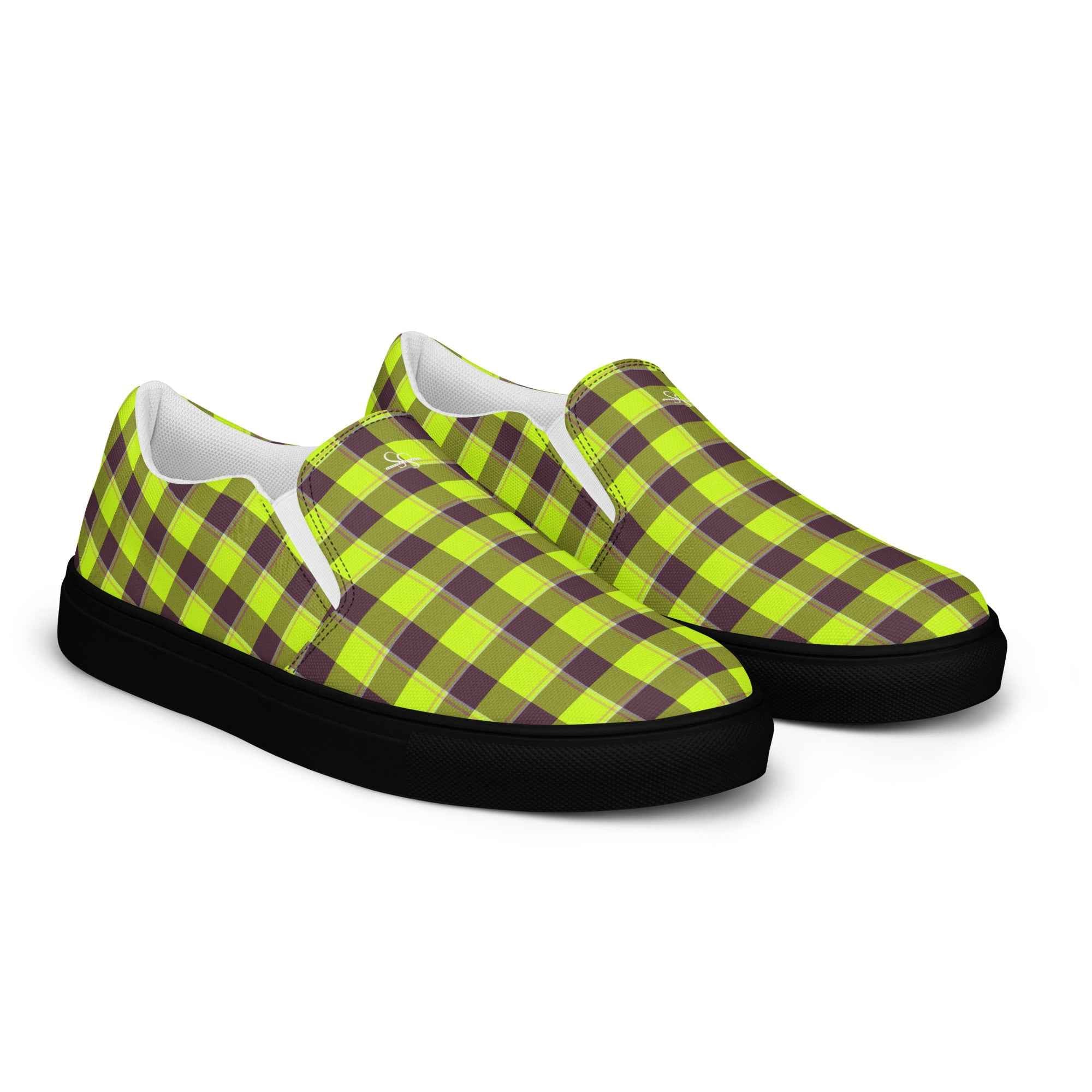 Men’s Slip-On Canvas Shoes Electric Lime and Livid Brown Plaid - Scottish Squares