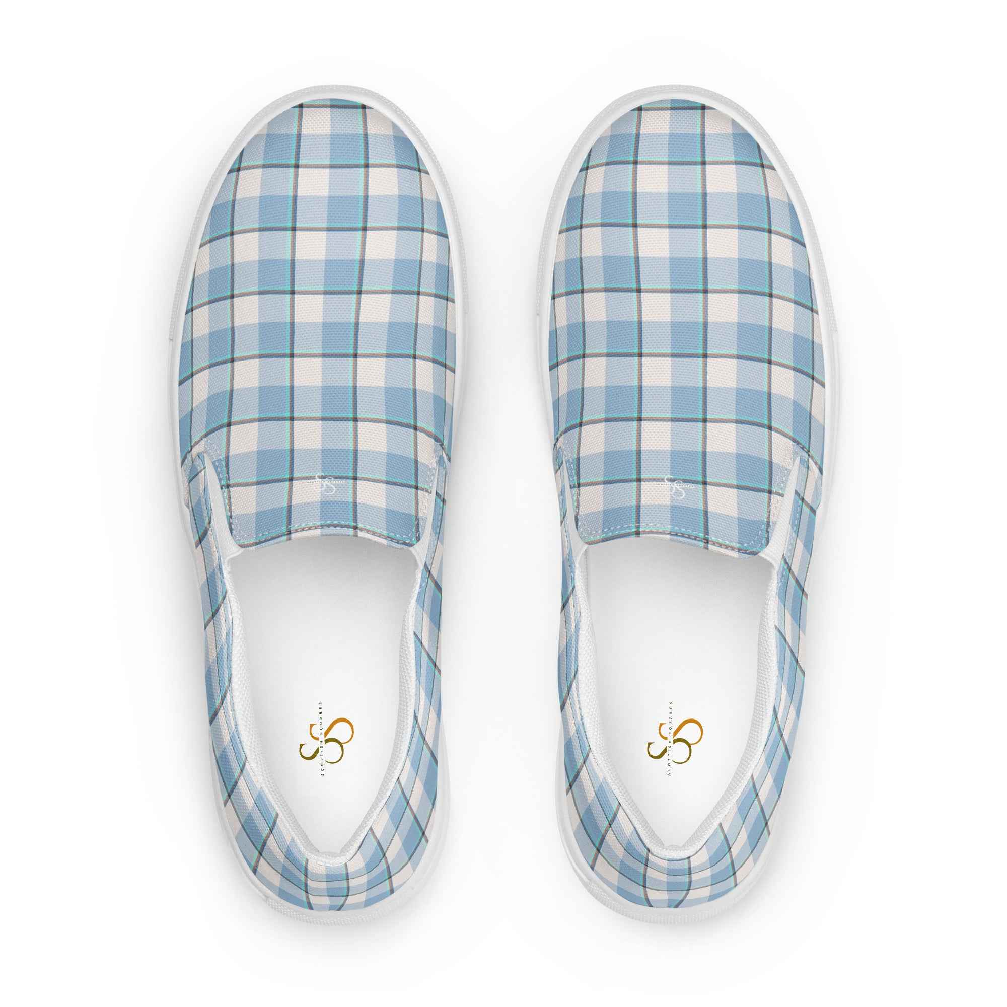 Men’s Slip-On Canvas Shoes Pink Cloud and Blue Lagoon Plaid 13 - Scottish Squares