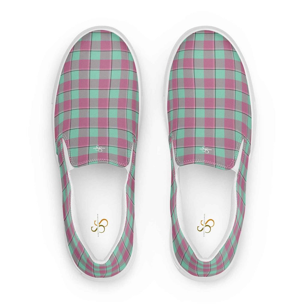 Men’s Slip-On Canvas Shoes Vista Blue and Turkish Rose Plaid 13 - Scottish Squares