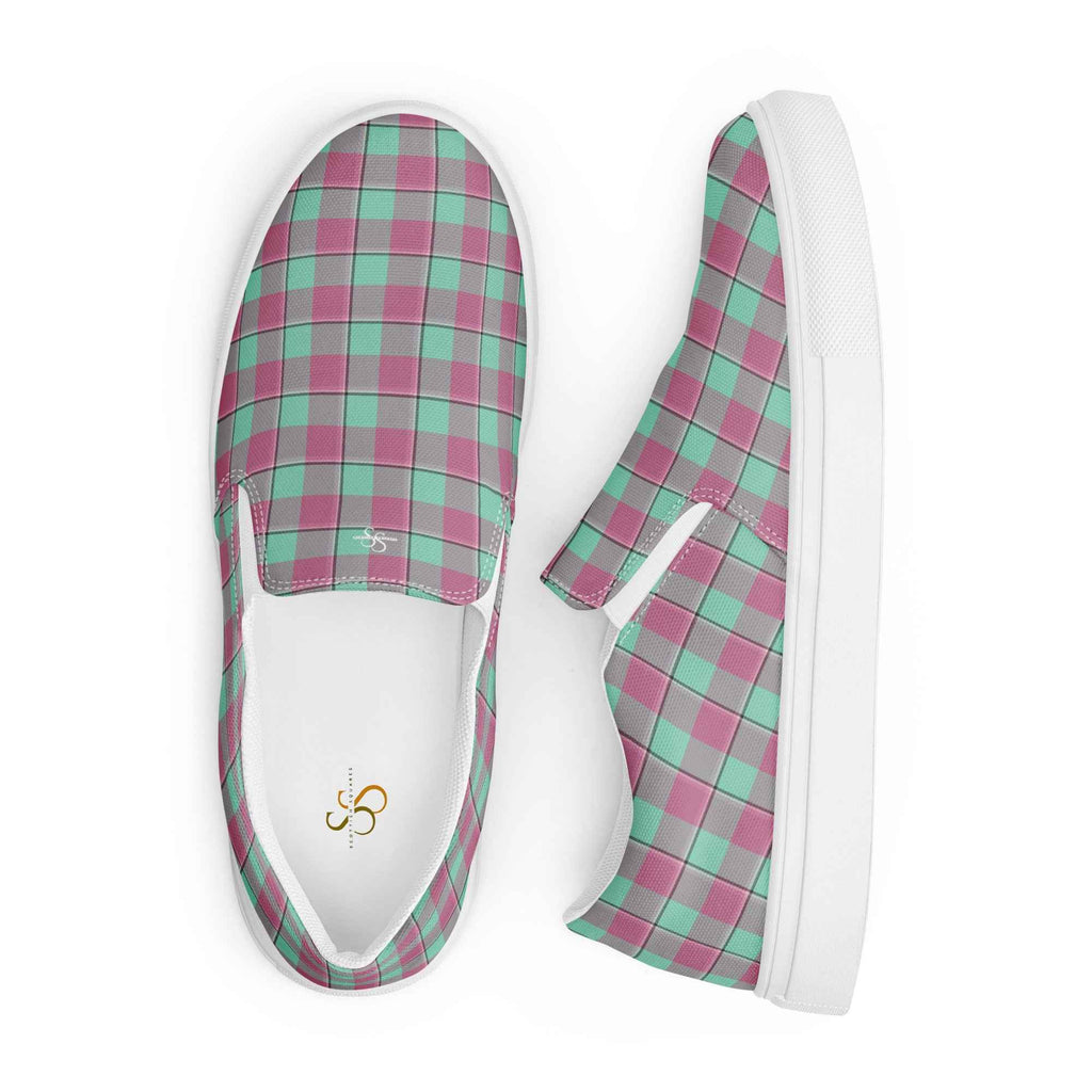 Men’s Slip-On Canvas Shoes Vista Blue and Turkish Rose Plaid - Scottish Squares