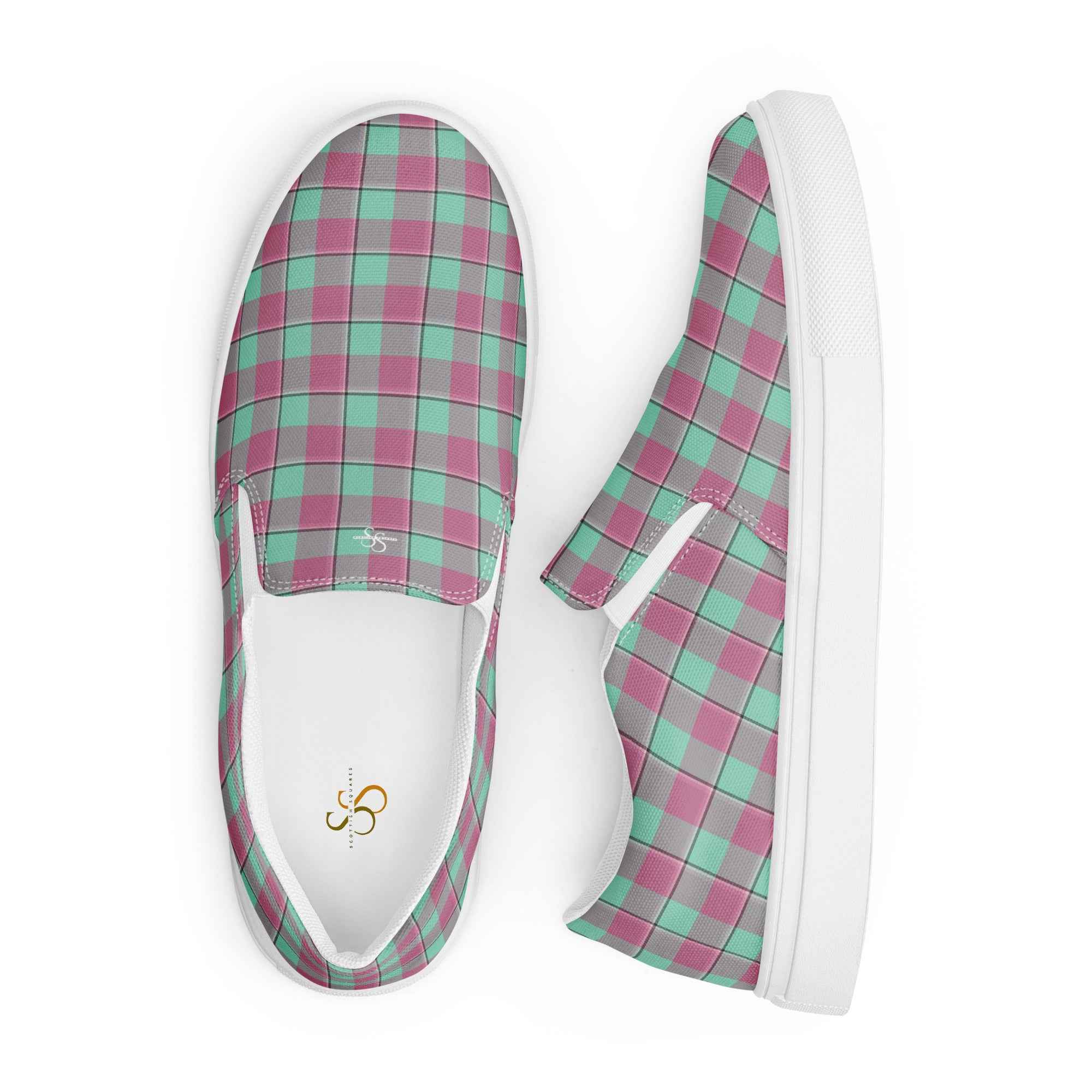 Men’s Slip-On Canvas Shoes Vista Blue and Turkish Rose Plaid - Scottish Squares