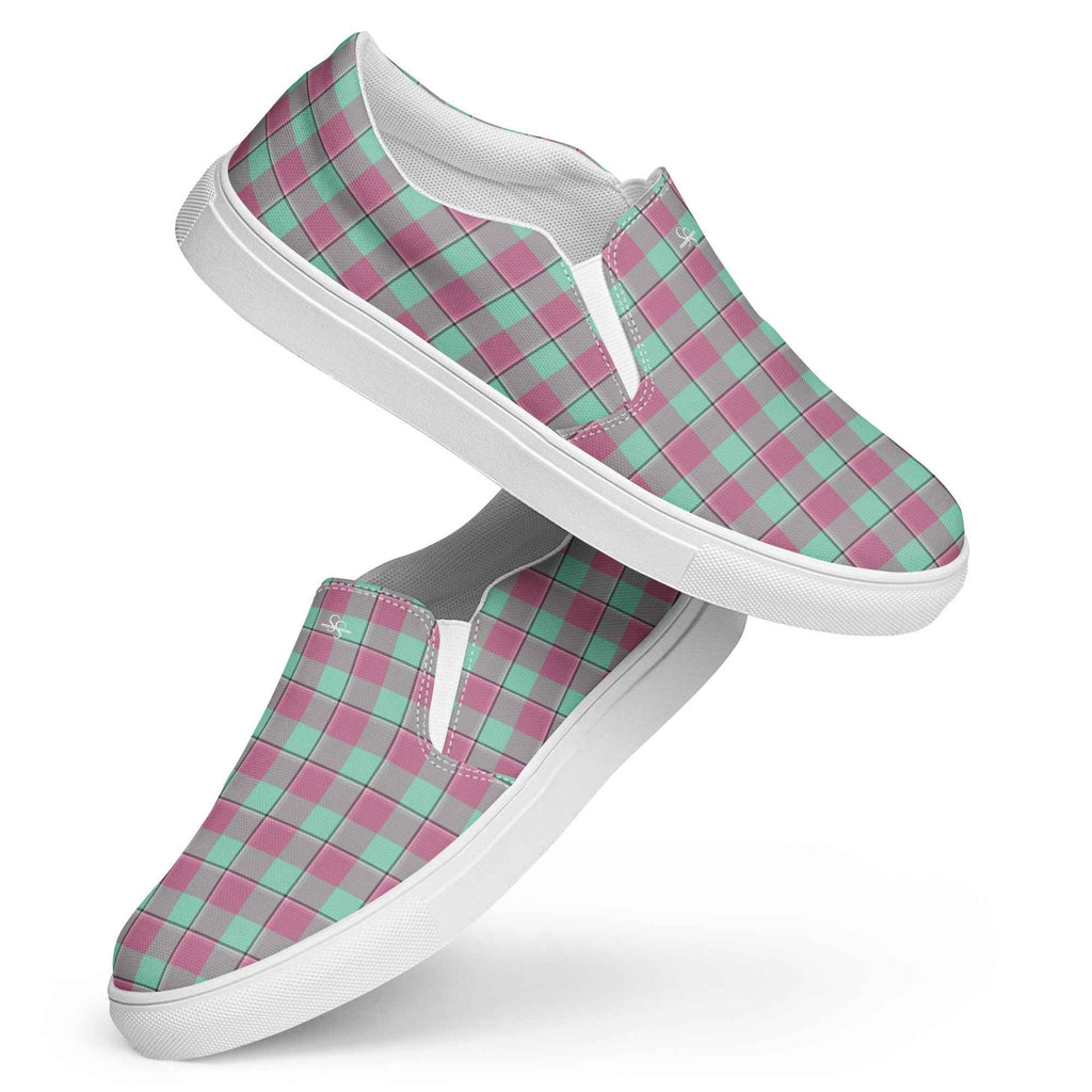 Men’s Slip-On Canvas Shoes Vista Blue and Turkish Rose Plaid - Scottish Squares
