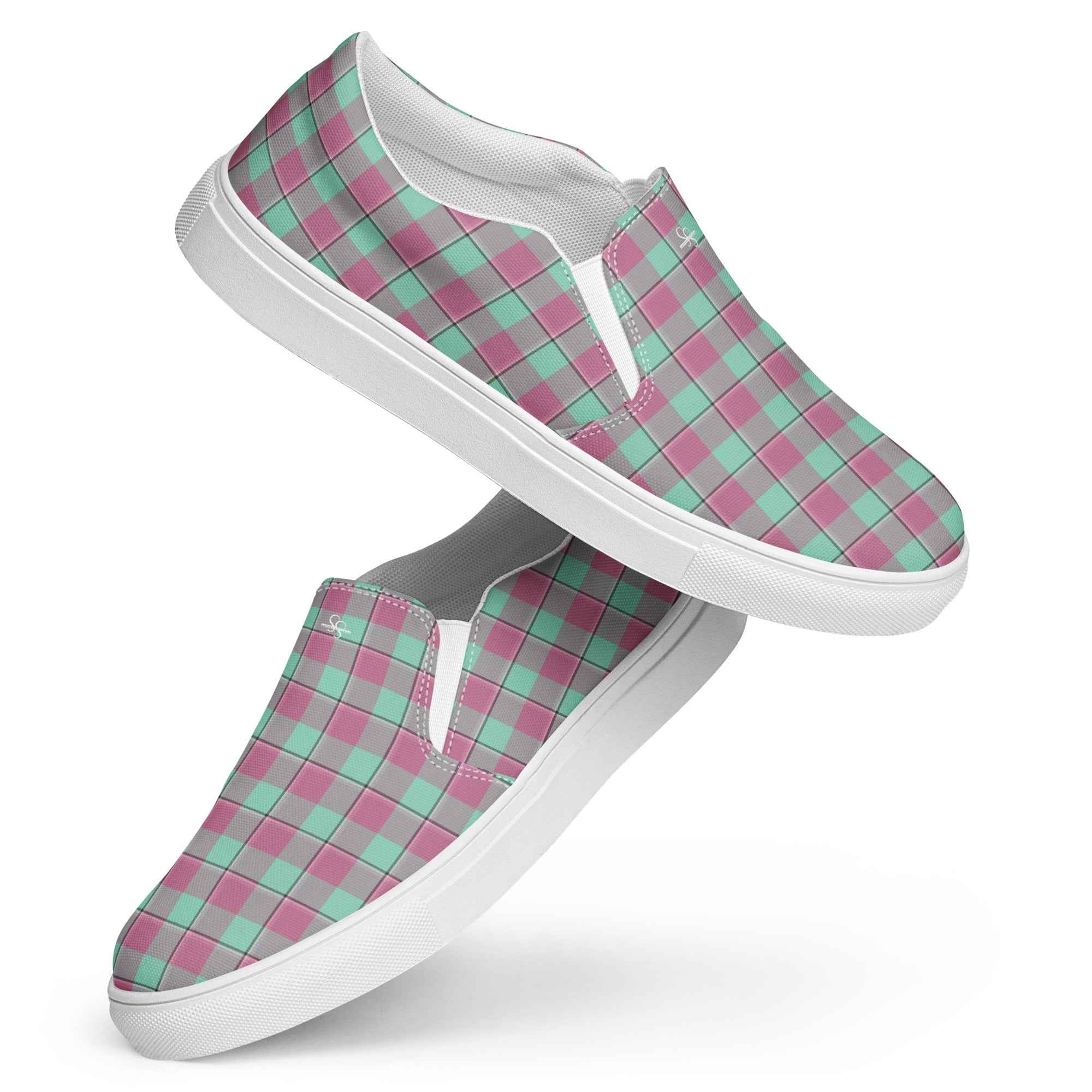 Men’s Slip-On Canvas Shoes Vista Blue and Turkish Rose Plaid - Scottish Squares