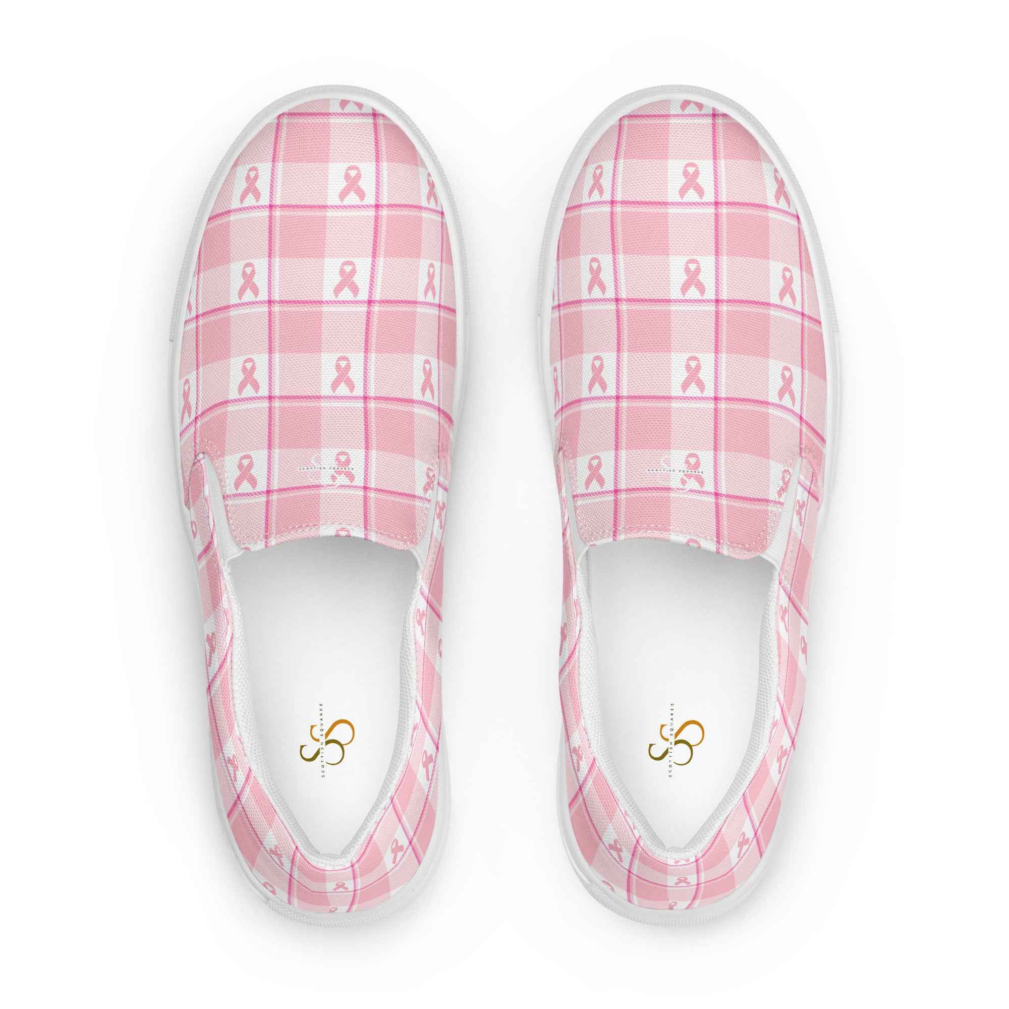 Men’s Slip-On Canvas Shoes Breast Cancer Awareness Plaid - Scottish Squares