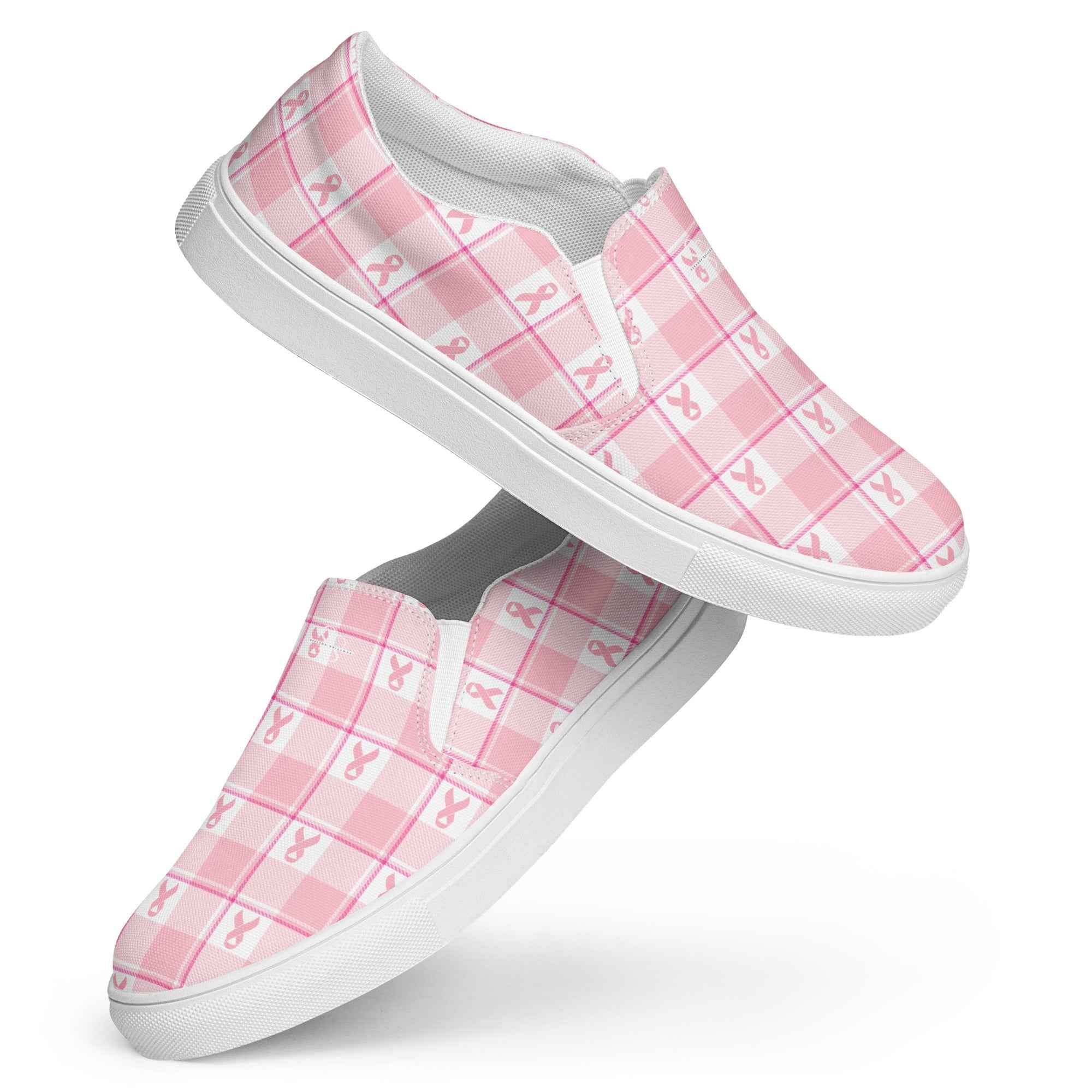 Men’s Slip-On Canvas Shoes Breast Cancer Awareness Plaid - Scottish Squares