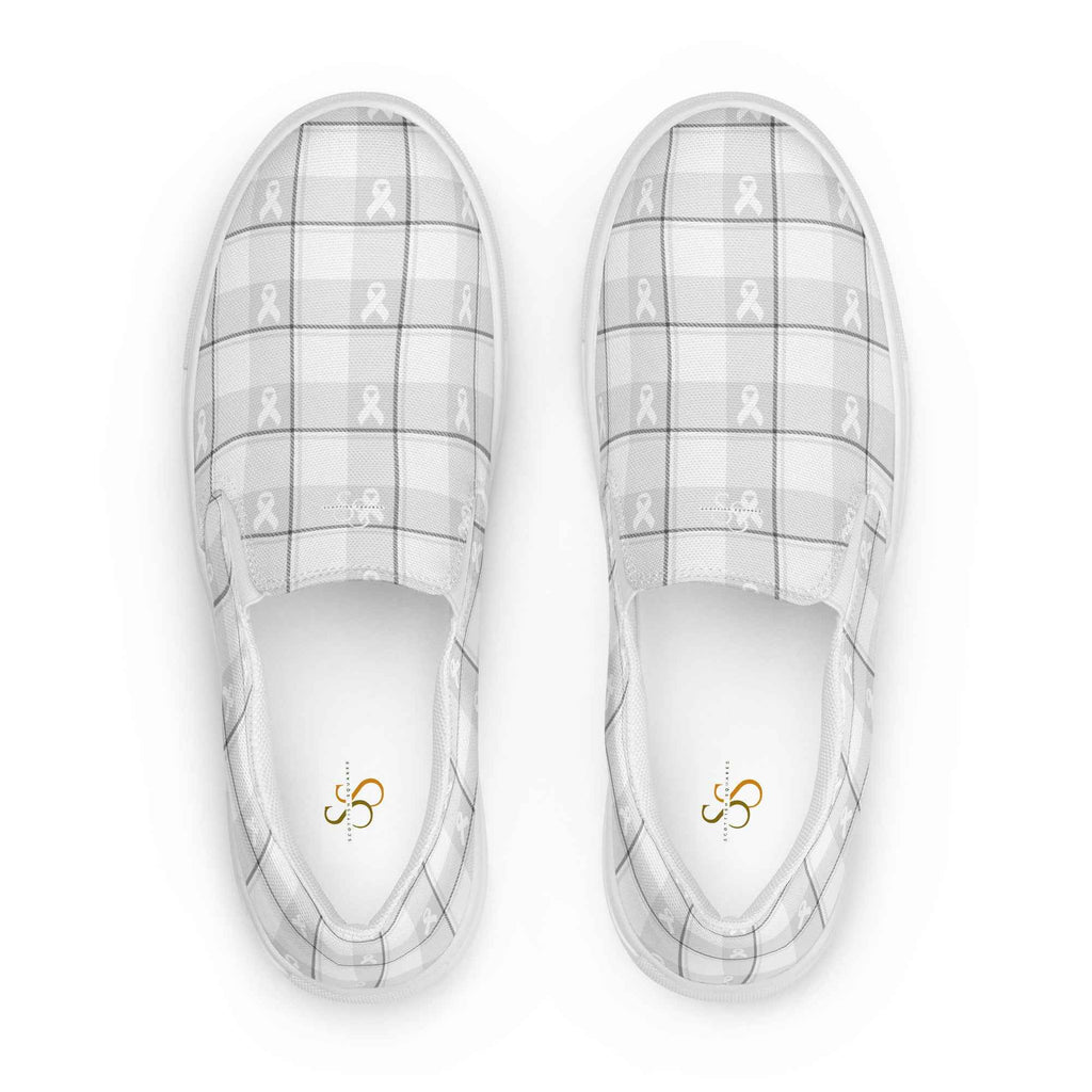Men’s Slip-On Canvas Shoes Lung Cancer Awareness Plaid, White Ribbon, Supportive Gift 13 - Scottish Squares