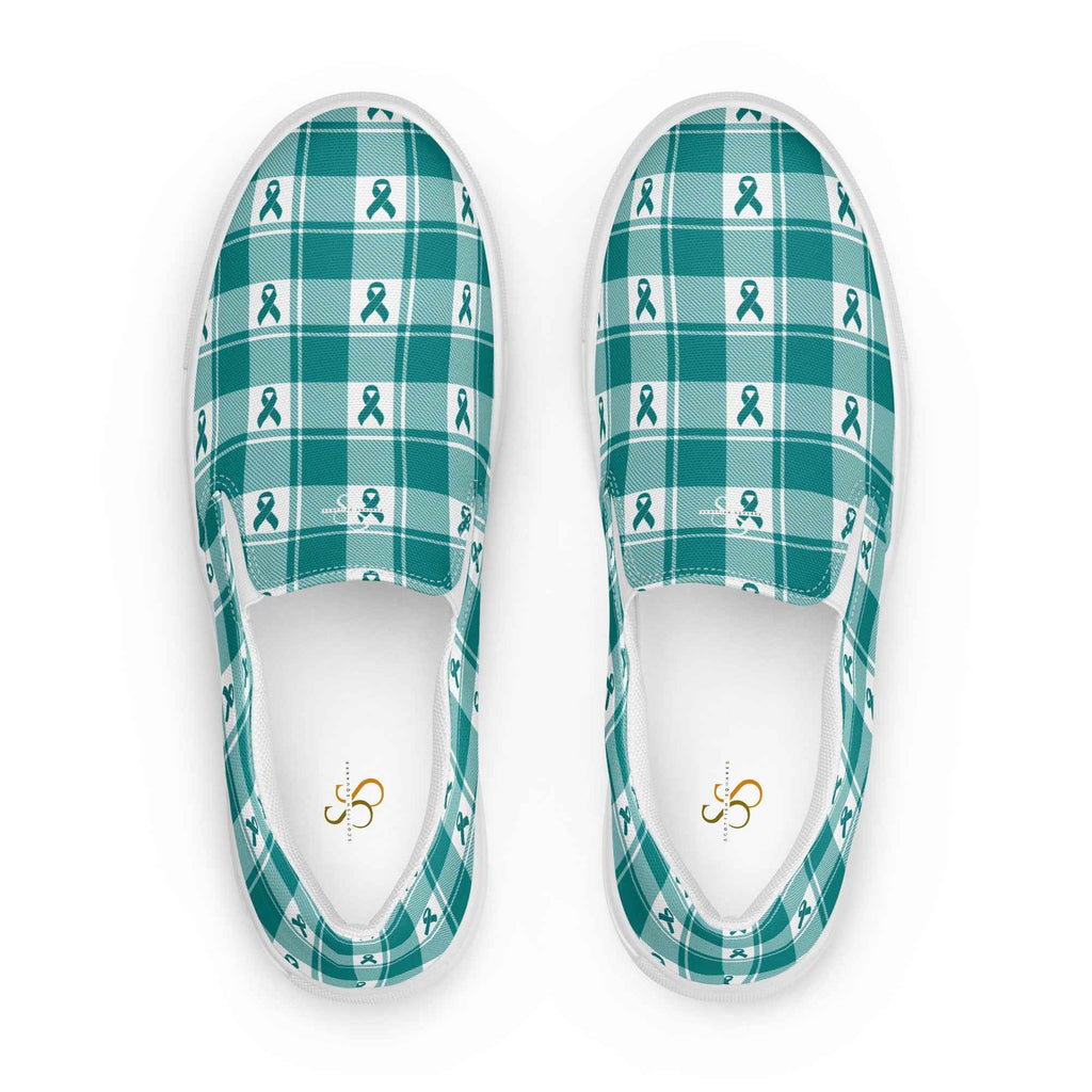 Men’s Slip-On Canvas Shoes Cervical Cancer Awareness Plaid, Teal Ribbon, Supportive Gift 13 - Scottish Squares