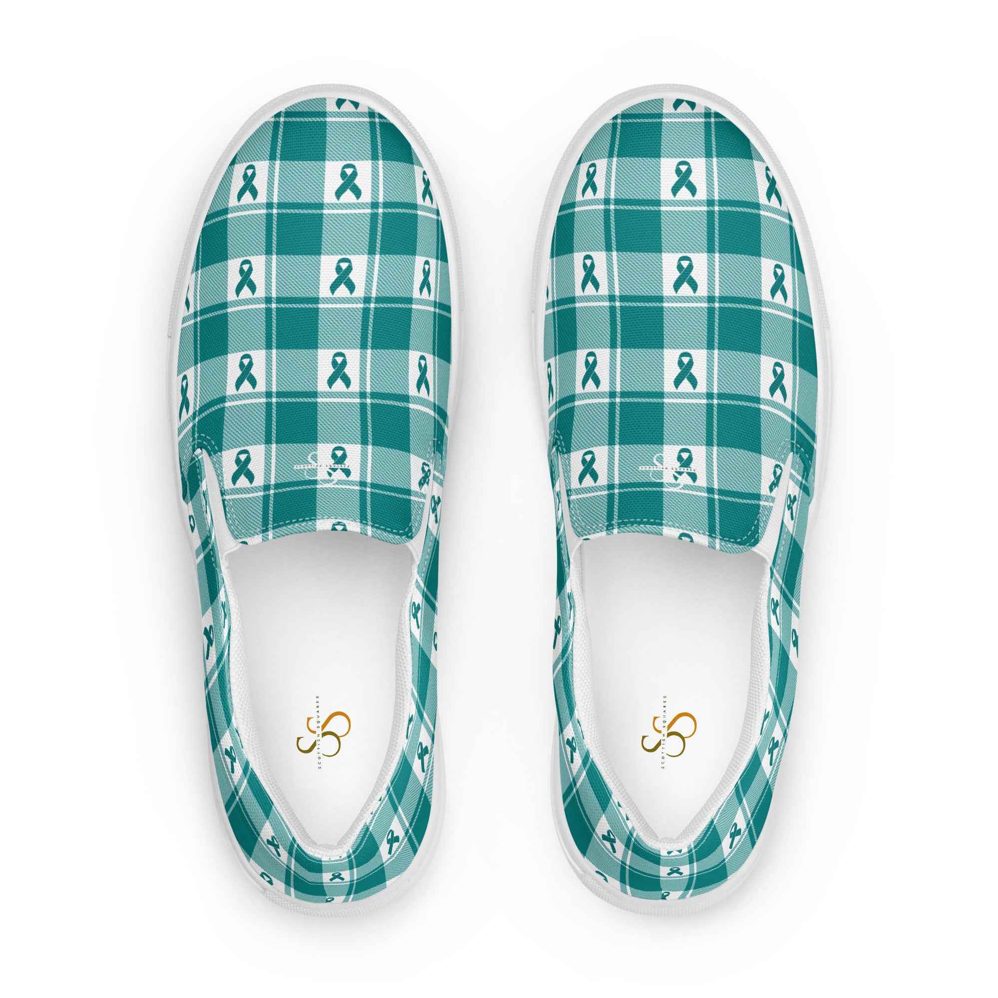 Men’s Slip-On Canvas Shoes Cervical Cancer Awareness Plaid, Teal Ribbon, Supportive Gift 13 - Scottish Squares