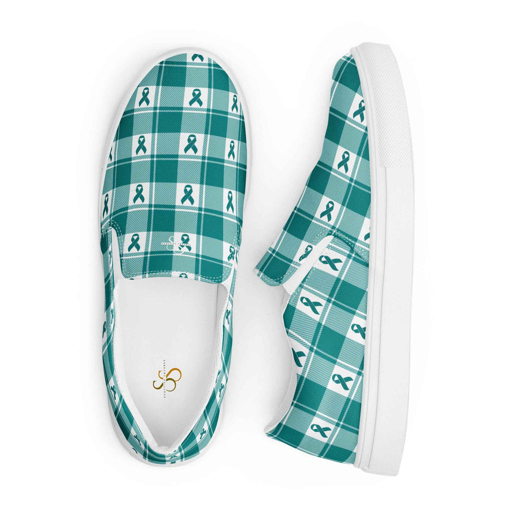 Men’s Slip-On Canvas Shoes Cervical Cancer Awareness Plaid, Teal Ribbon, Supportive Gift - Scottish Squares
