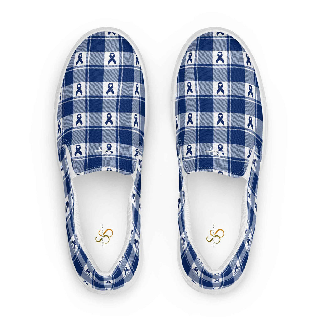 Men’s Slip-On Canvas Shoes Colorectal Cancer Awareness Plaid, Dark Blue Ribbon, Supportive Gift 13 - Scottish Squares