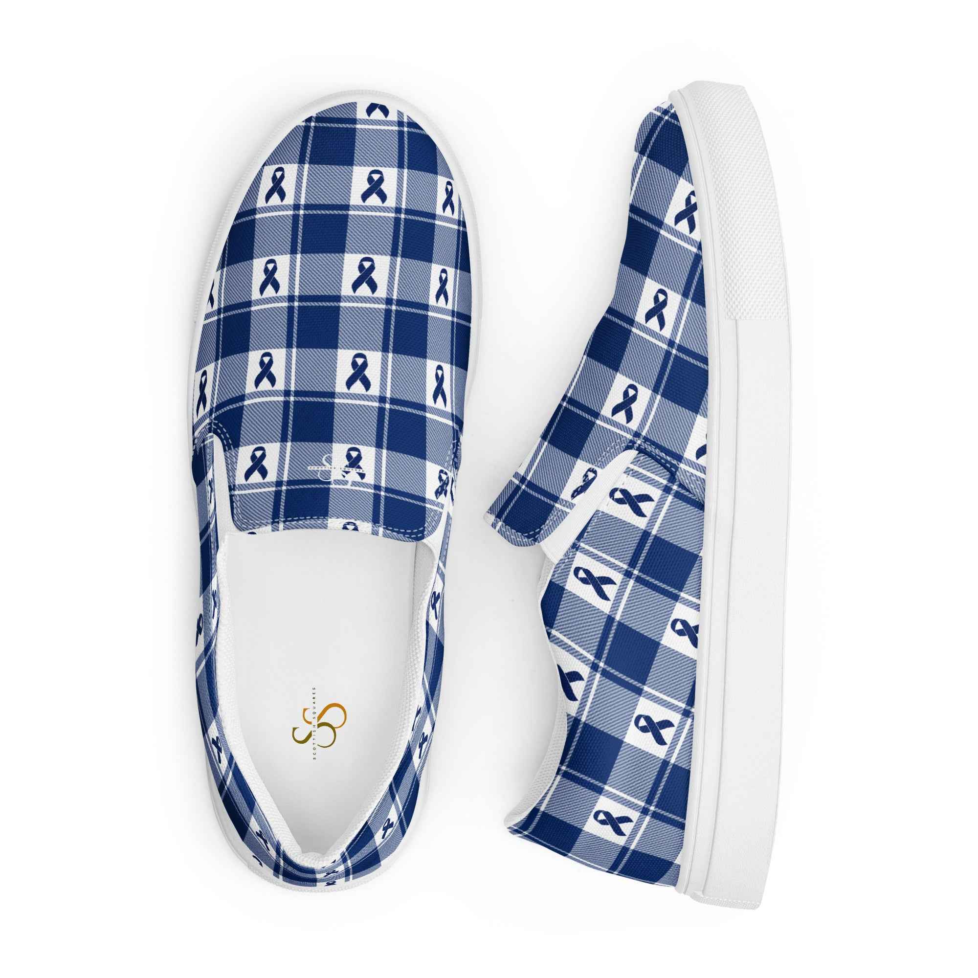 Men’s Slip-On Canvas Shoes Colorectal Cancer Awareness Plaid, Dark Blue Ribbon, Supportive Gift - Scottish Squares