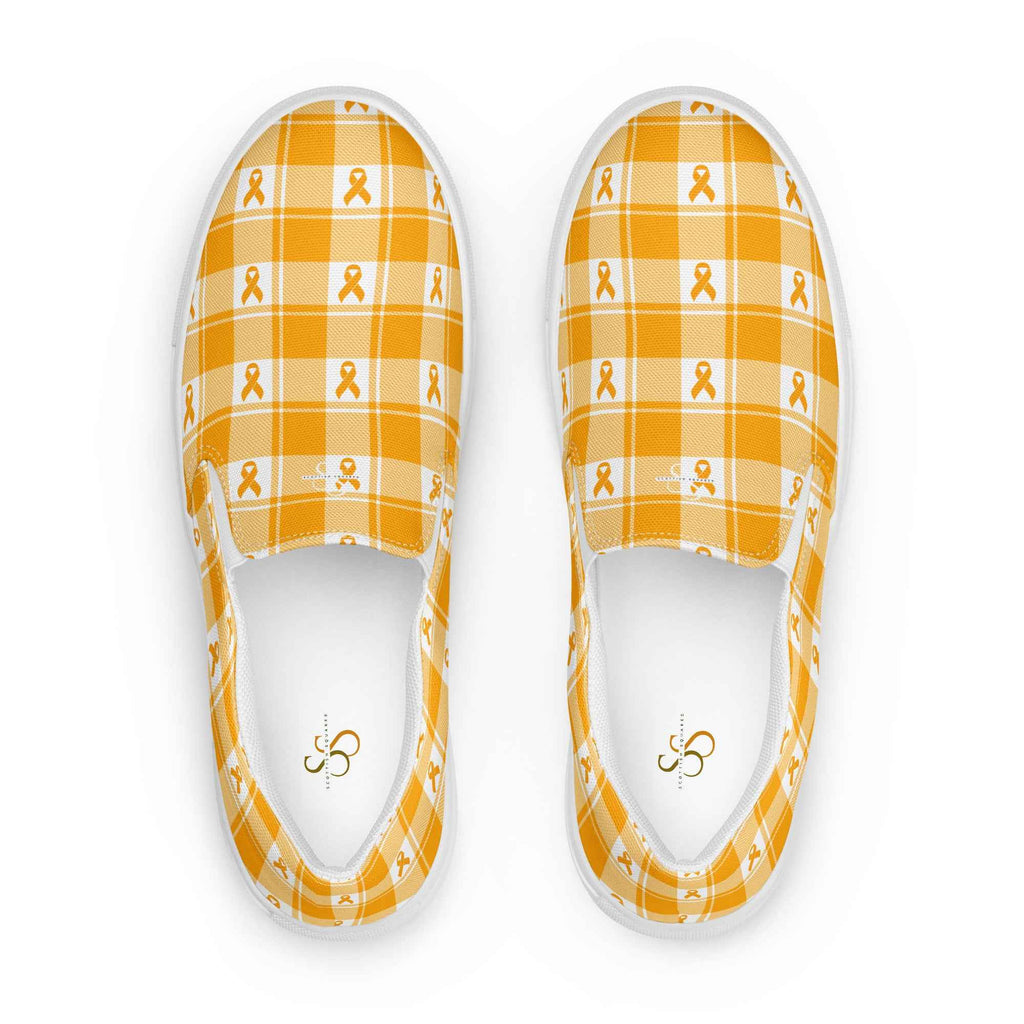 Men’s Slip-On Canvas Shoes Kidney Cancer Awareness Plaid, Orange Ribbon, Supportive Gift 13 - Scottish Squares
