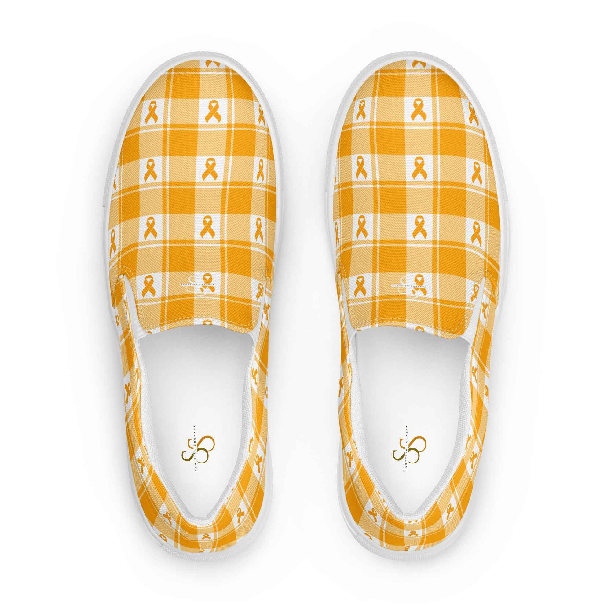 Men’s Slip-On Canvas Shoes Kidney Cancer Awareness Plaid, Orange Ribbon, Supportive Gift 13 - Scottish Squares
