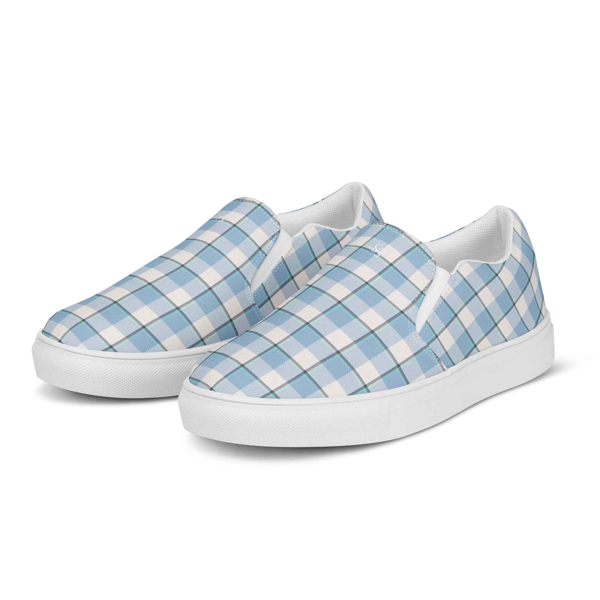 Men’s Slip-On Canvas Shoes Pink Cloud and Blue Lagoon Plaid - Scottish Squares