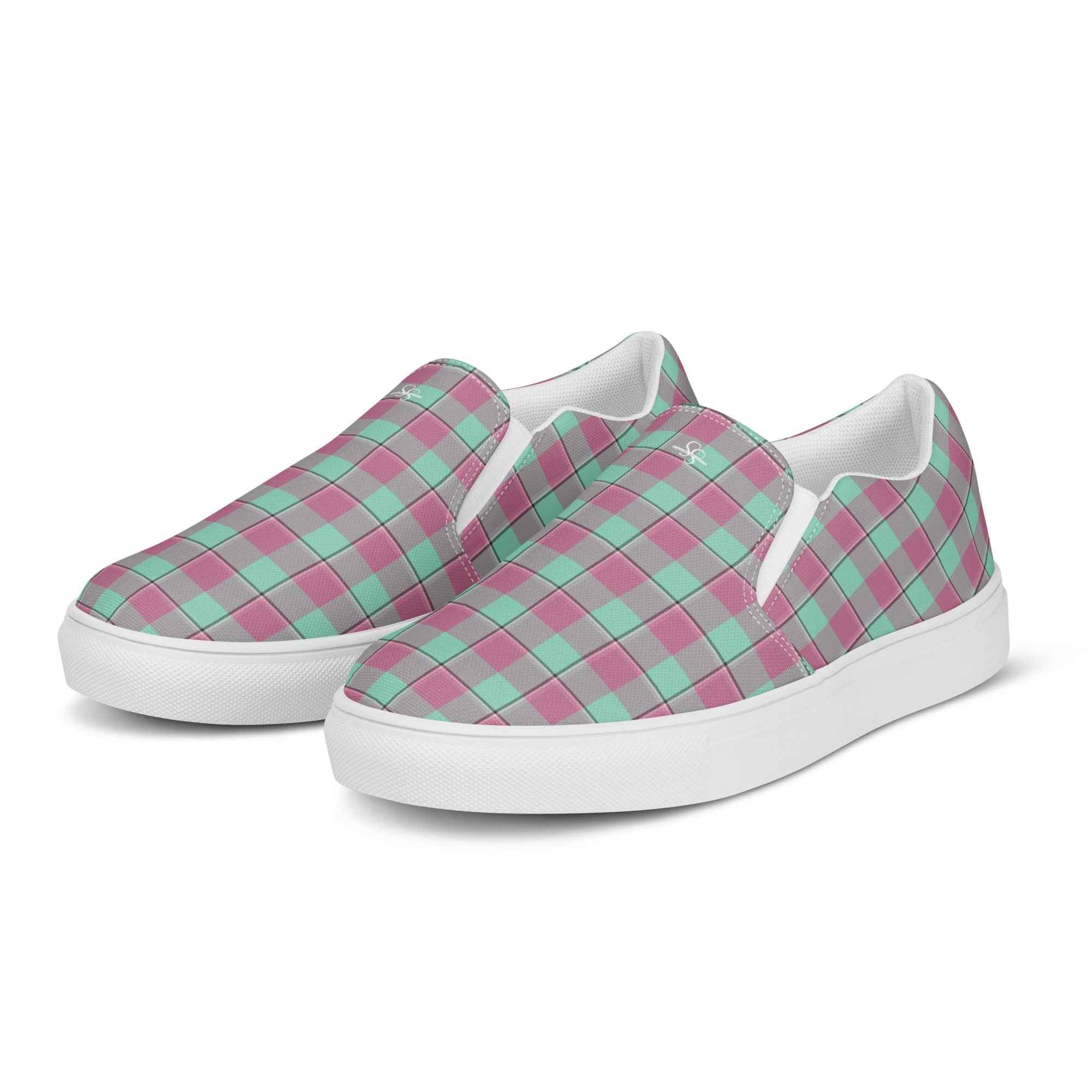 Men’s Slip-On Canvas Shoes Vista Blue and Turkish Rose Plaid - Scottish Squares