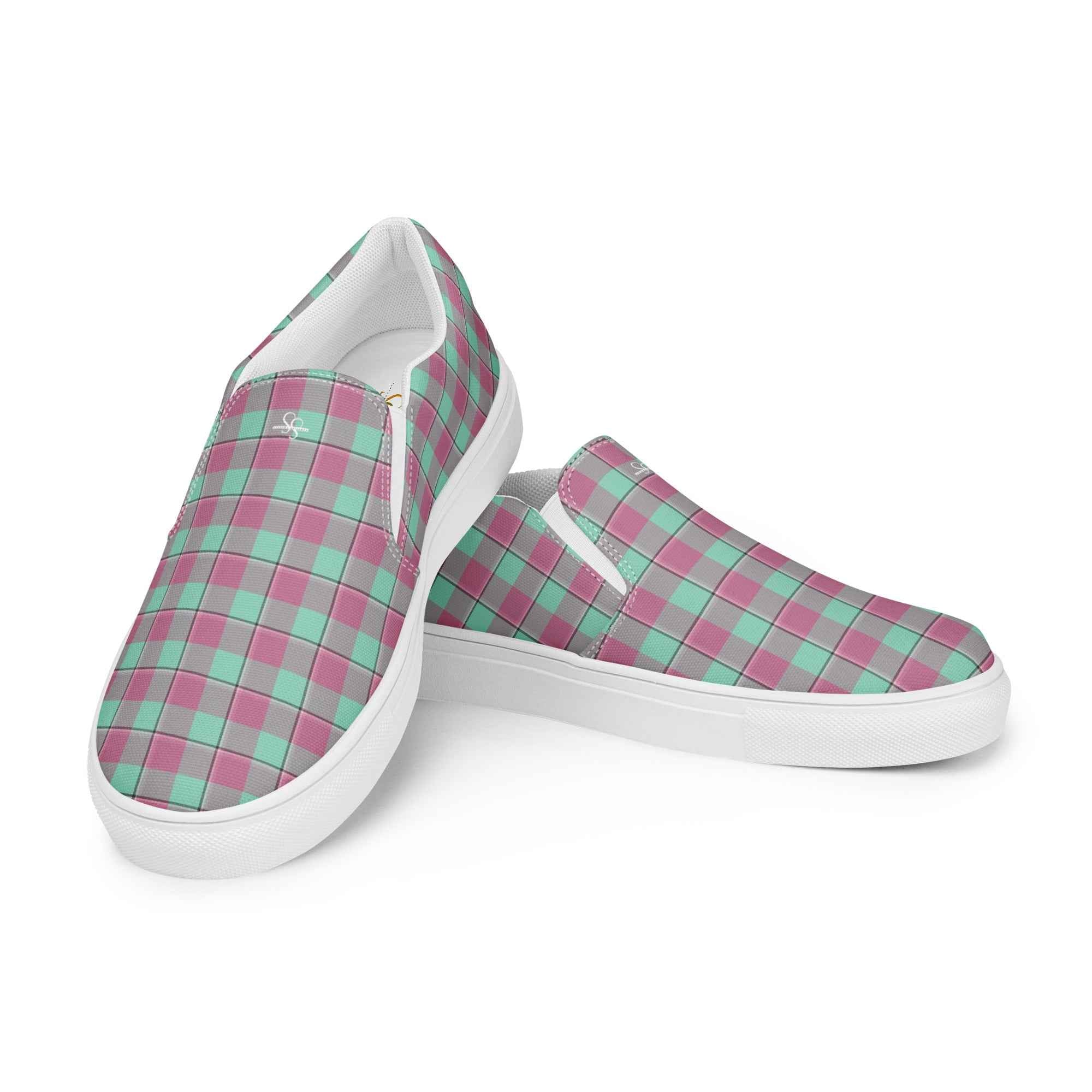 Men’s Slip-On Canvas Shoes Vista Blue and Turkish Rose Plaid - Scottish Squares