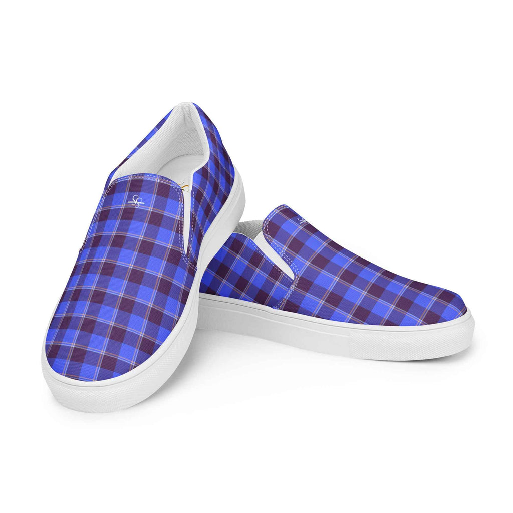 Men’s Slip-On Canvas Shoes Cornflower Blue and Livid Brown Plaid - Scottish Squares