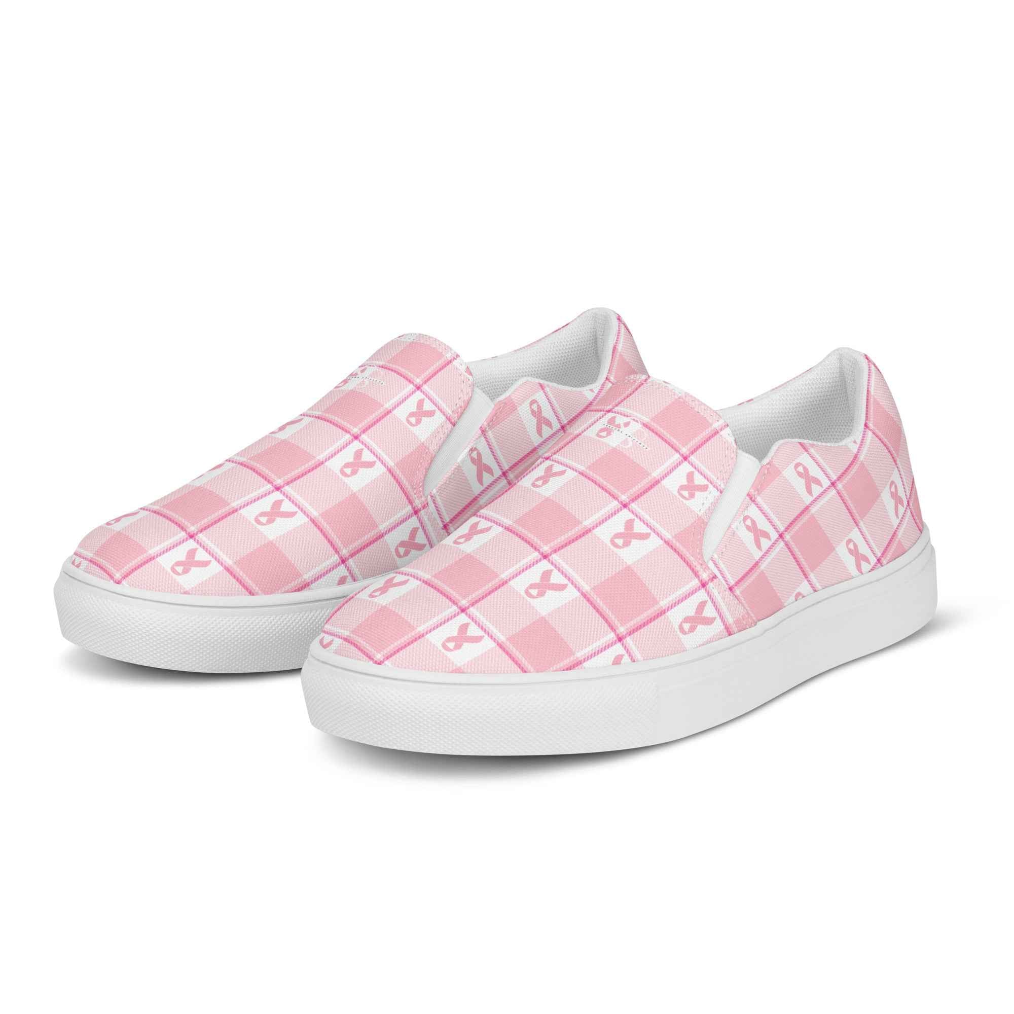 Men’s Slip-On Canvas Shoes Breast Cancer Awareness Plaid - Scottish Squares