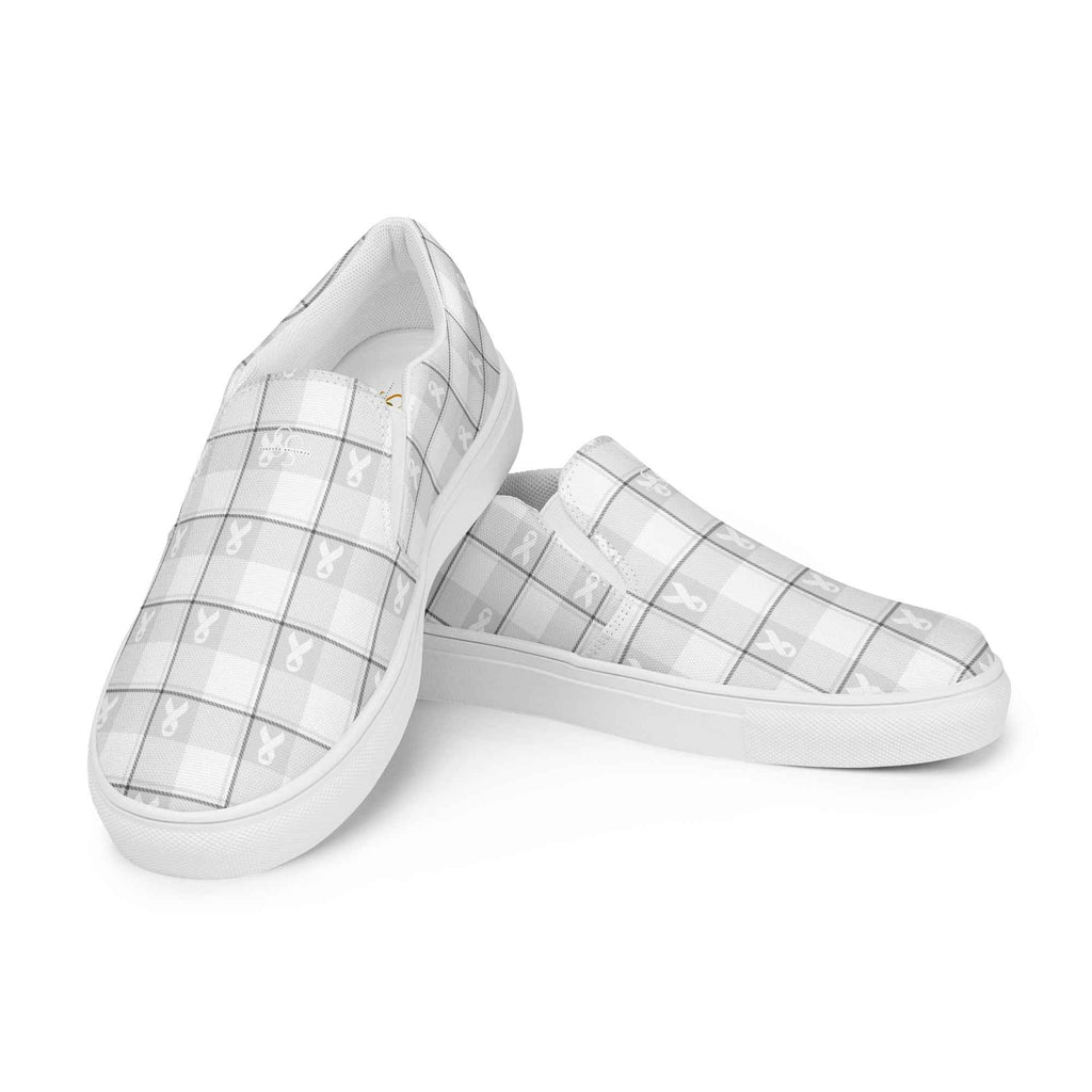 Men’s Slip-On Canvas Shoes Lung Cancer Awareness Plaid, White Ribbon, Supportive Gift - Scottish Squares