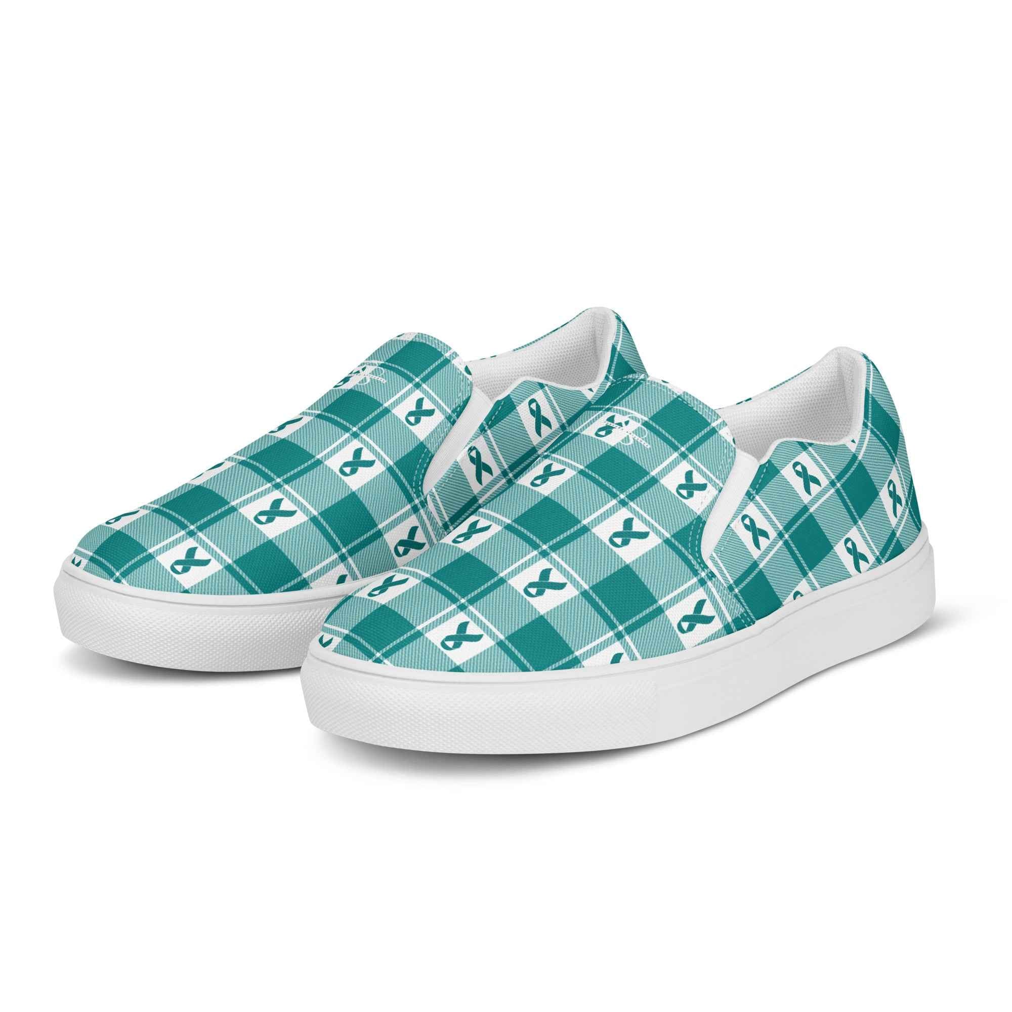 Men’s Slip-On Canvas Shoes Cervical Cancer Awareness Plaid, Teal Ribbon, Supportive Gift - Scottish Squares