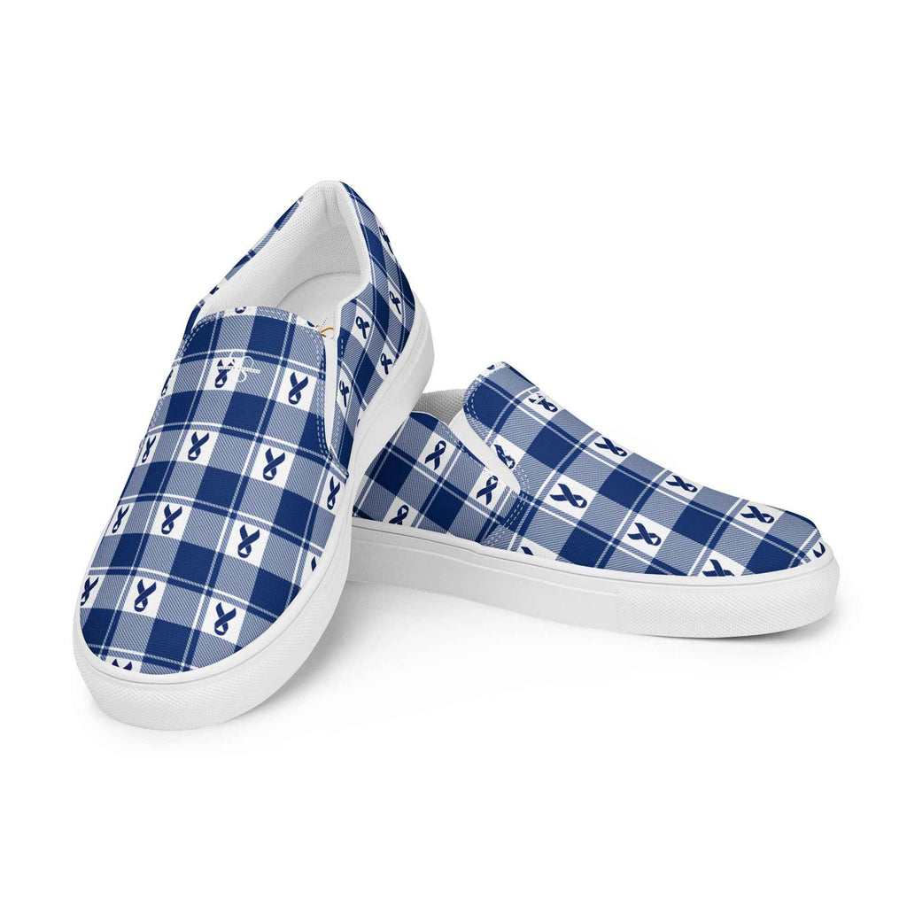 Men’s Slip-On Canvas Shoes Colorectal Cancer Awareness Plaid, Dark Blue Ribbon, Supportive Gift - Scottish Squares