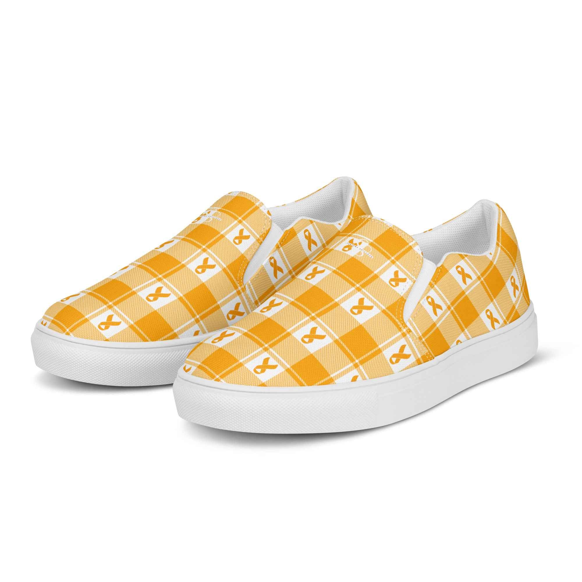Men’s Slip-On Canvas Shoes Kidney Cancer Awareness Plaid, Orange Ribbon, Supportive Gift - Scottish Squares