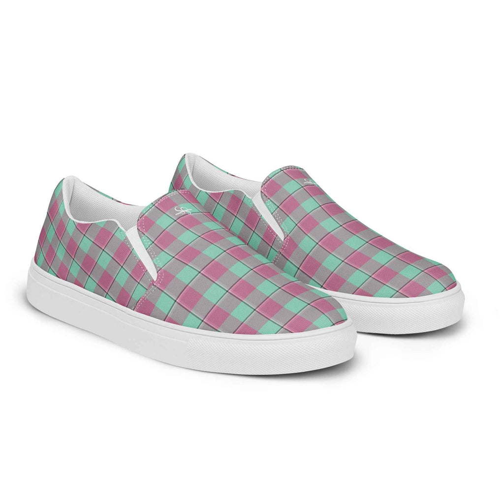 Men’s Slip-On Canvas Shoes Vista Blue and Turkish Rose Plaid - Scottish Squares