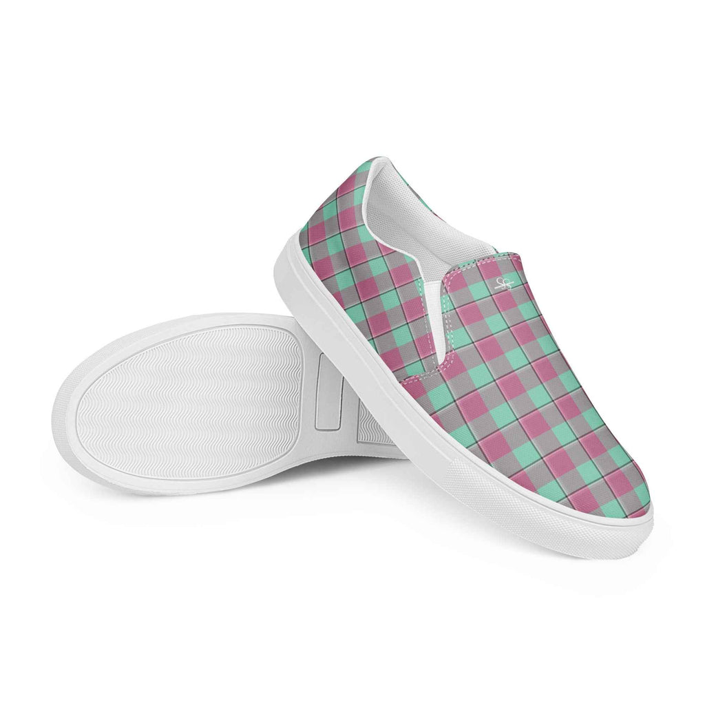 Men’s Slip-On Canvas Shoes Vista Blue and Turkish Rose Plaid - Scottish Squares