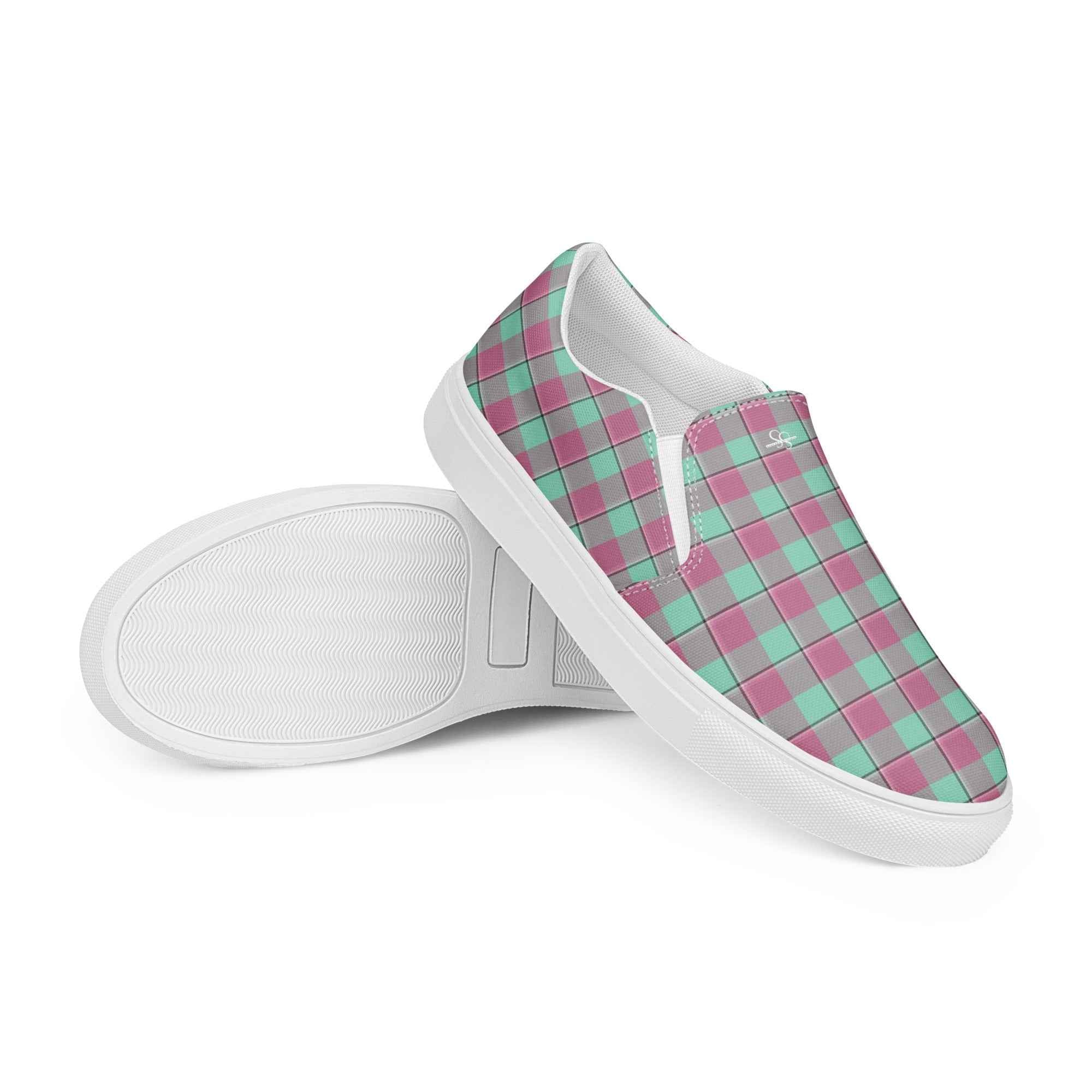 Men’s Slip-On Canvas Shoes Vista Blue and Turkish Rose Plaid - Scottish Squares