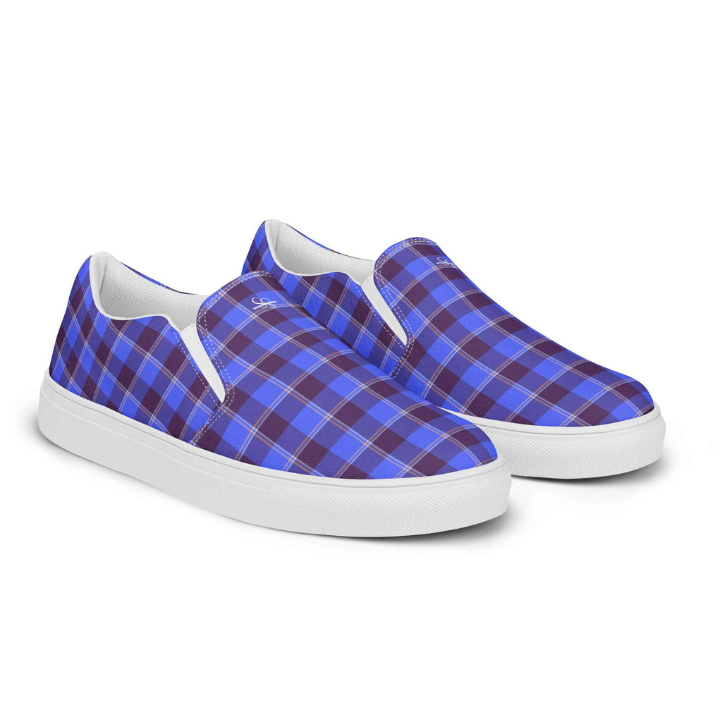 Men’s Slip-On Canvas Shoes Cornflower Blue and Livid Brown Plaid - Scottish Squares