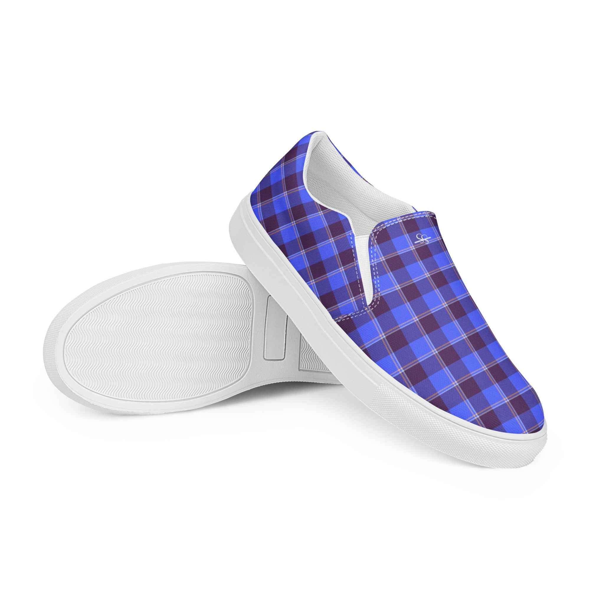 Men’s Slip-On Canvas Shoes Cornflower Blue and Livid Brown Plaid - Scottish Squares