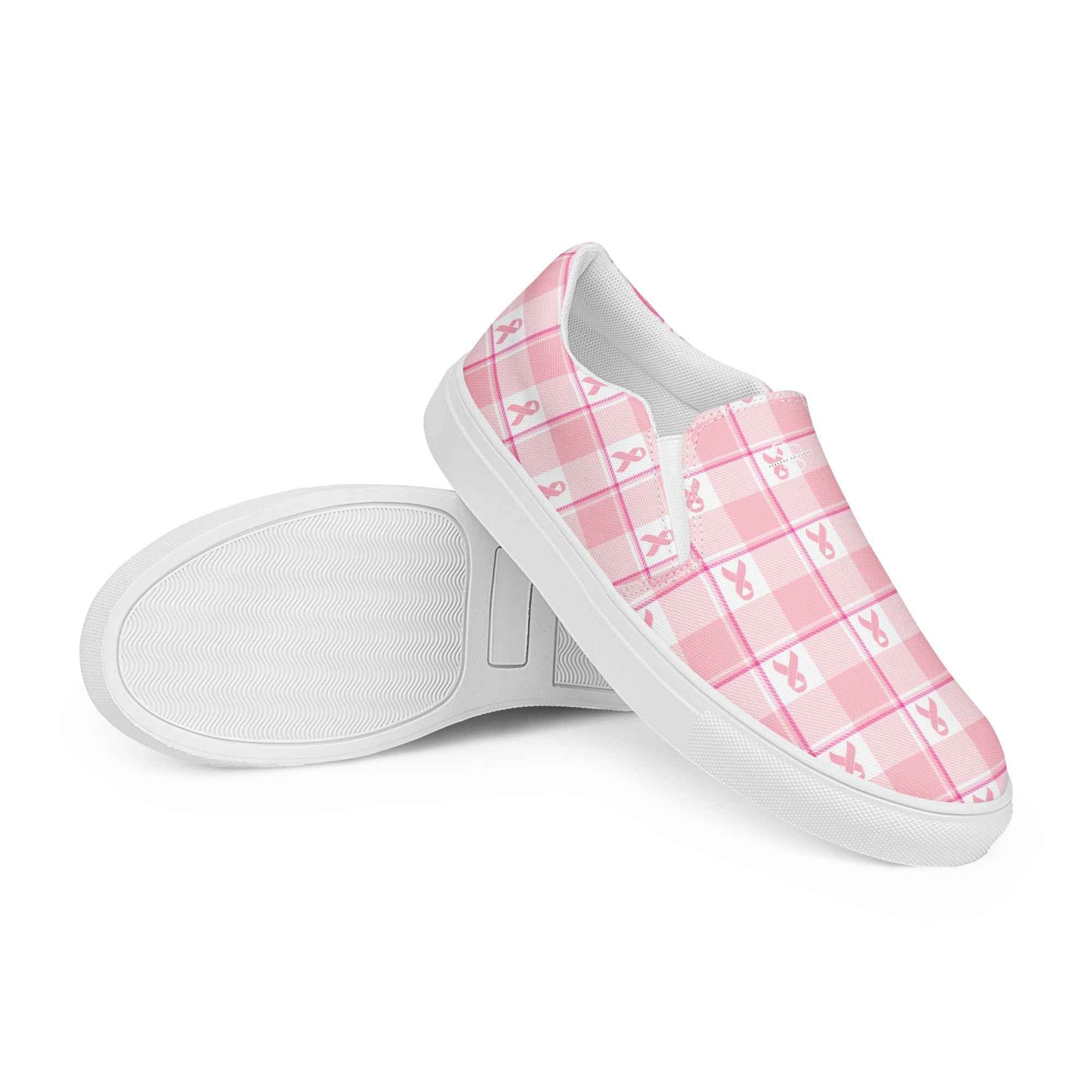 Men’s Slip-On Canvas Shoes Breast Cancer Awareness Plaid - Scottish Squares