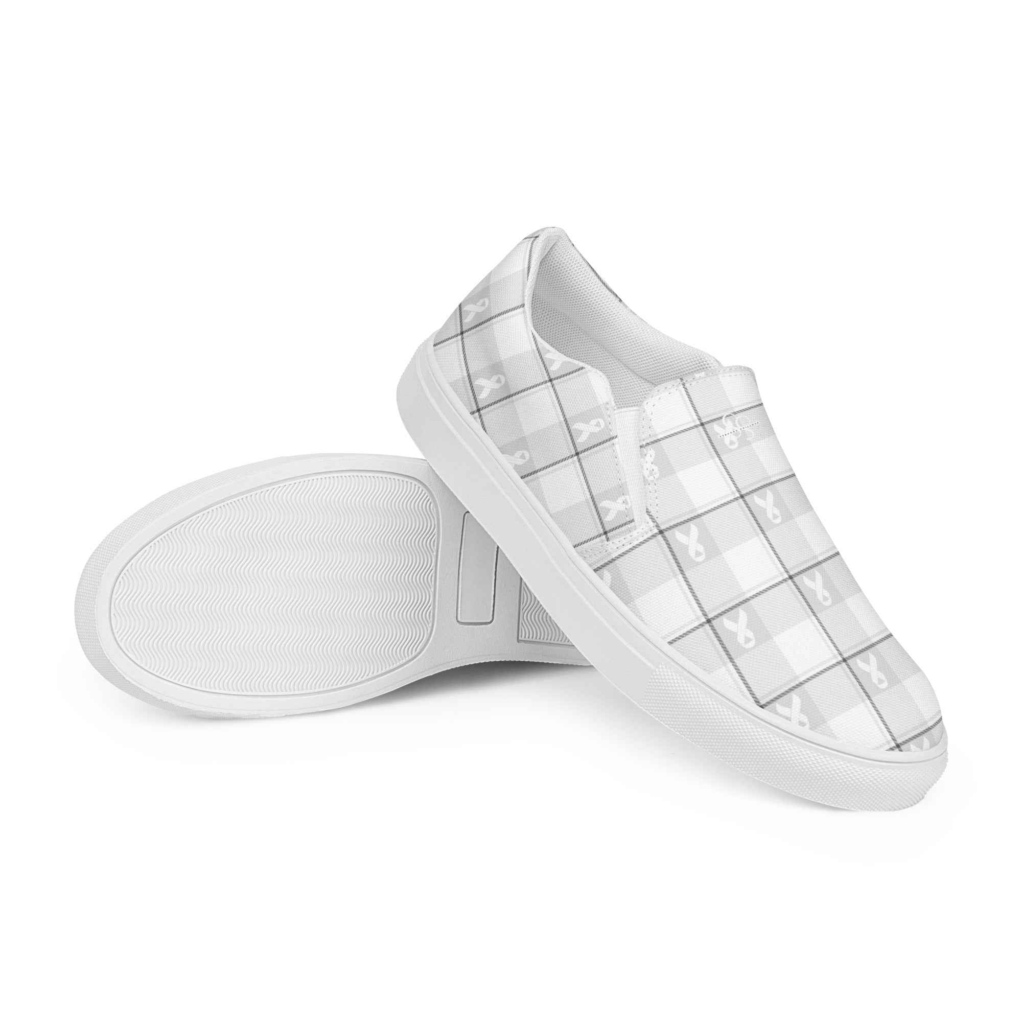 Men’s Slip-On Canvas Shoes Lung Cancer Awareness Plaid, White Ribbon, Supportive Gift - Scottish Squares