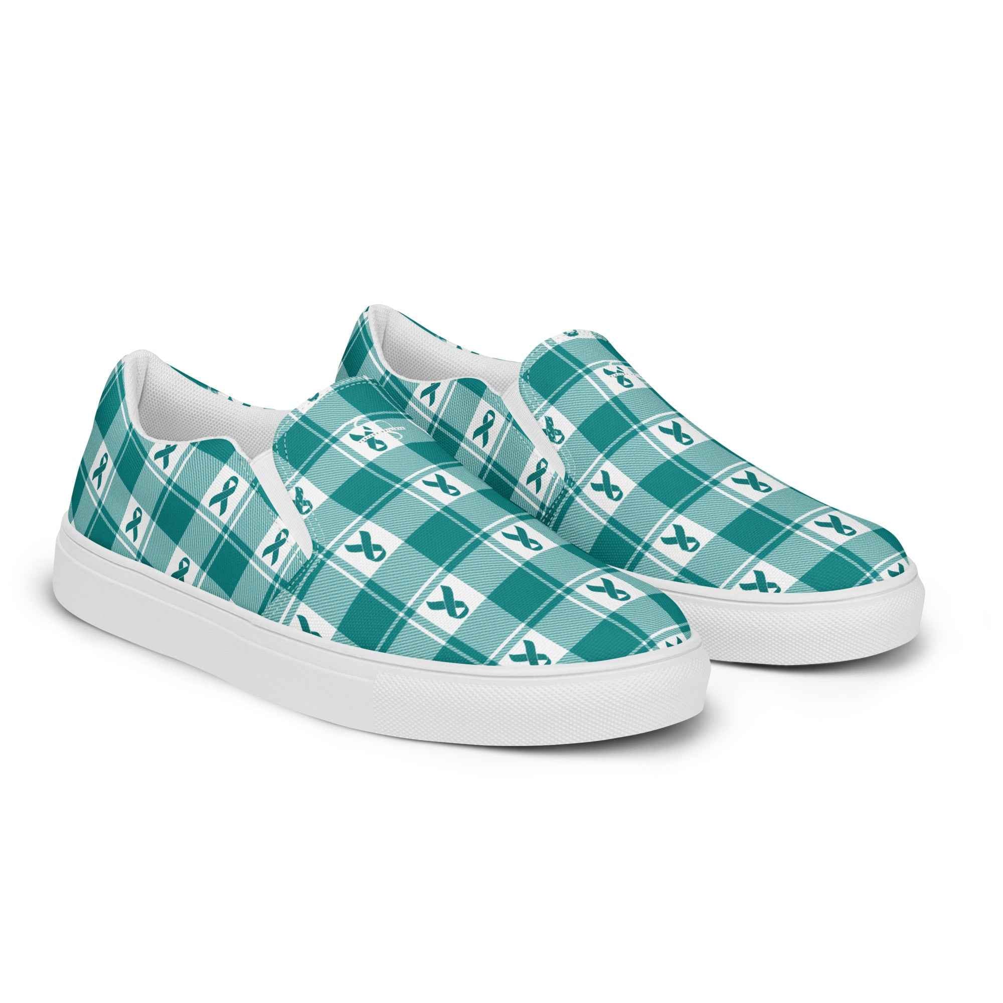 Men’s Slip-On Canvas Shoes Cervical Cancer Awareness Plaid, Teal Ribbon, Supportive Gift - Scottish Squares