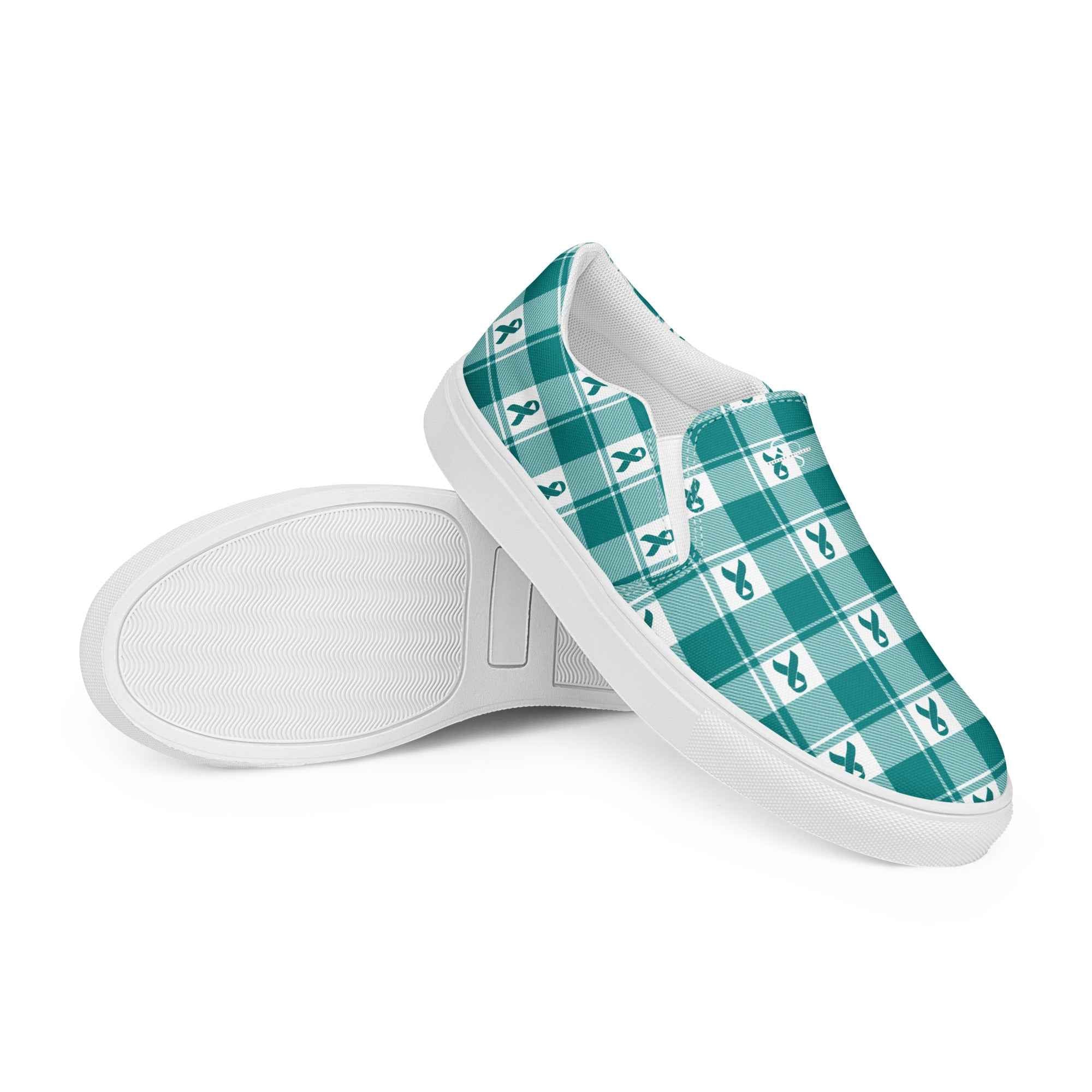 Men’s Slip-On Canvas Shoes Cervical Cancer Awareness Plaid, Teal Ribbon, Supportive Gift - Scottish Squares
