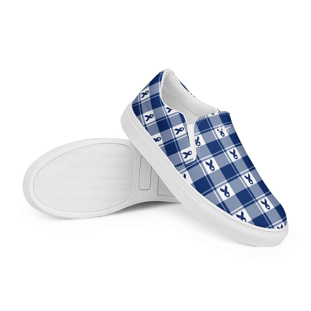 Men’s Slip-On Canvas Shoes Colorectal Cancer Awareness Plaid, Dark Blue Ribbon, Supportive Gift - Scottish Squares