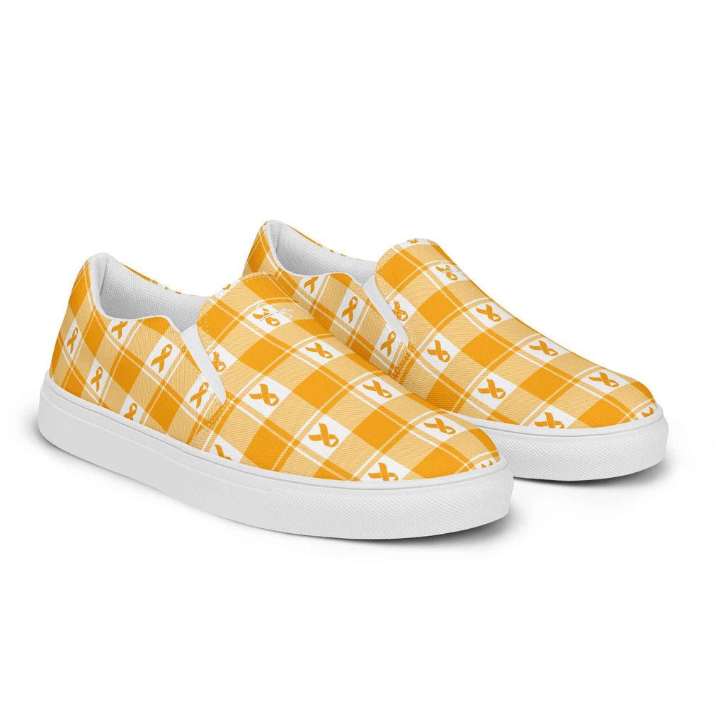 Men’s Slip-On Canvas Shoes Kidney Cancer Awareness Plaid, Orange Ribbon, Supportive Gift - Scottish Squares