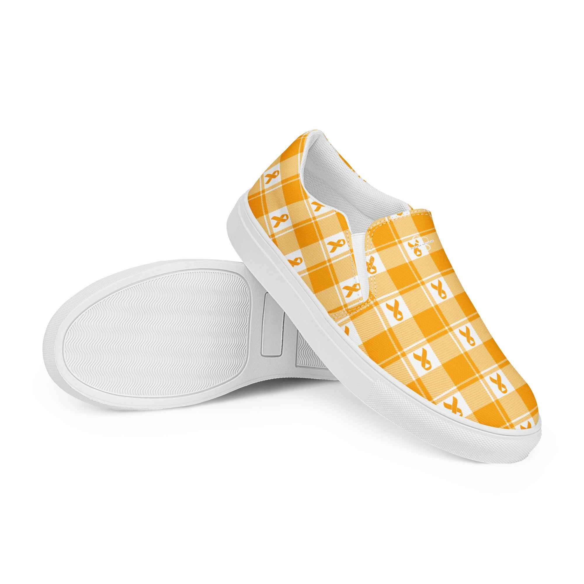 Men’s Slip-On Canvas Shoes Kidney Cancer Awareness Plaid, Orange Ribbon, Supportive Gift - Scottish Squares